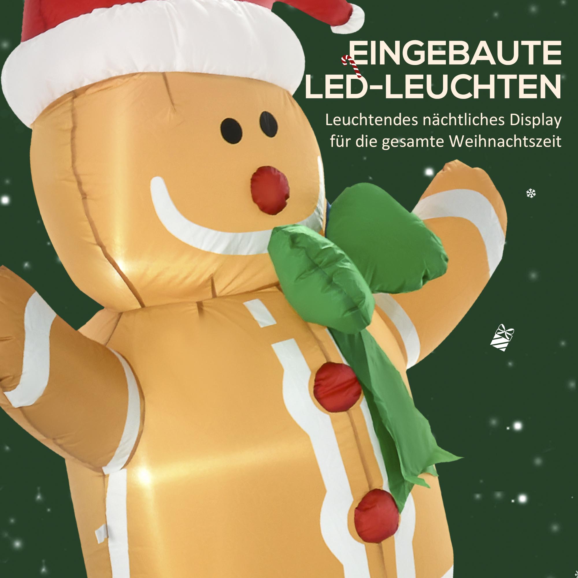 Aufblasbare Weihnachtsdeko 1,83 m Lebkuchenmann mit Schleife, 3 LEDs, internes Gebläse Gartendeko