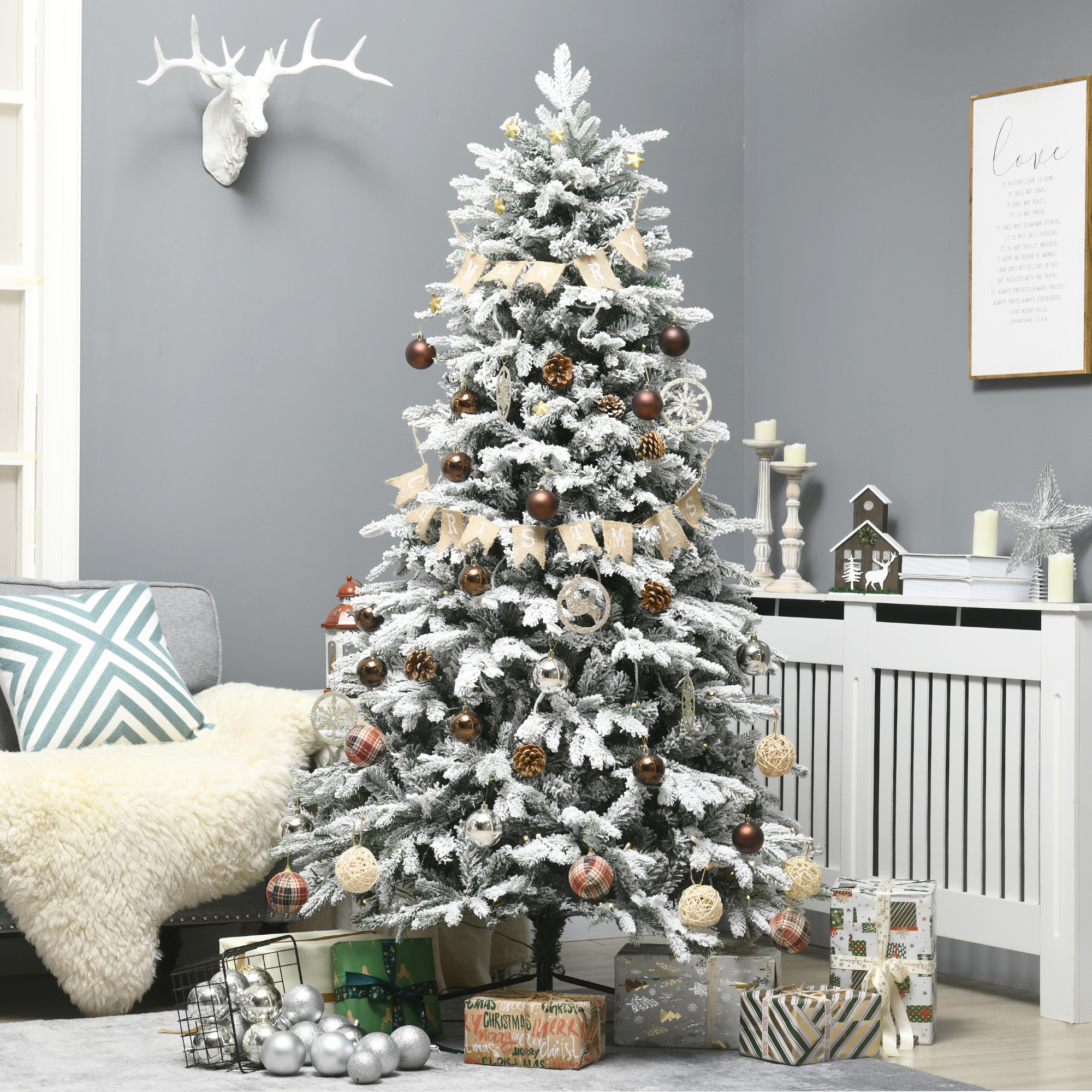 Künstlicher Weihnachtsbaum, Christbaum, inkl. Kunstschnee, LED-Lichter, 180 cm, Grün + Weiß