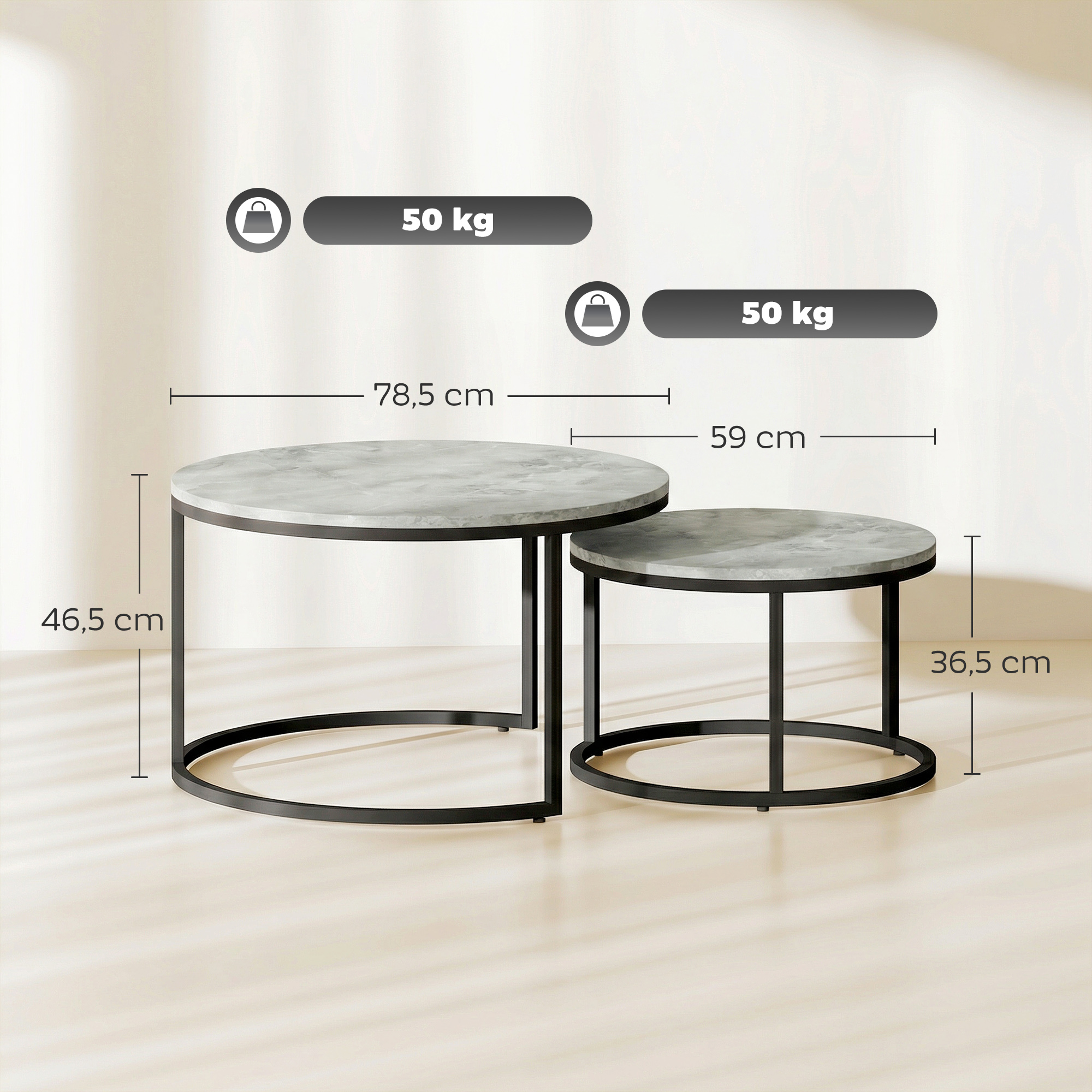 Modernes Kaffeetisch 2er-Set, Stapelbare Beistelltische mit Metallgestell für Wohnzimmer, Schlafzimmer, Büro, Grau