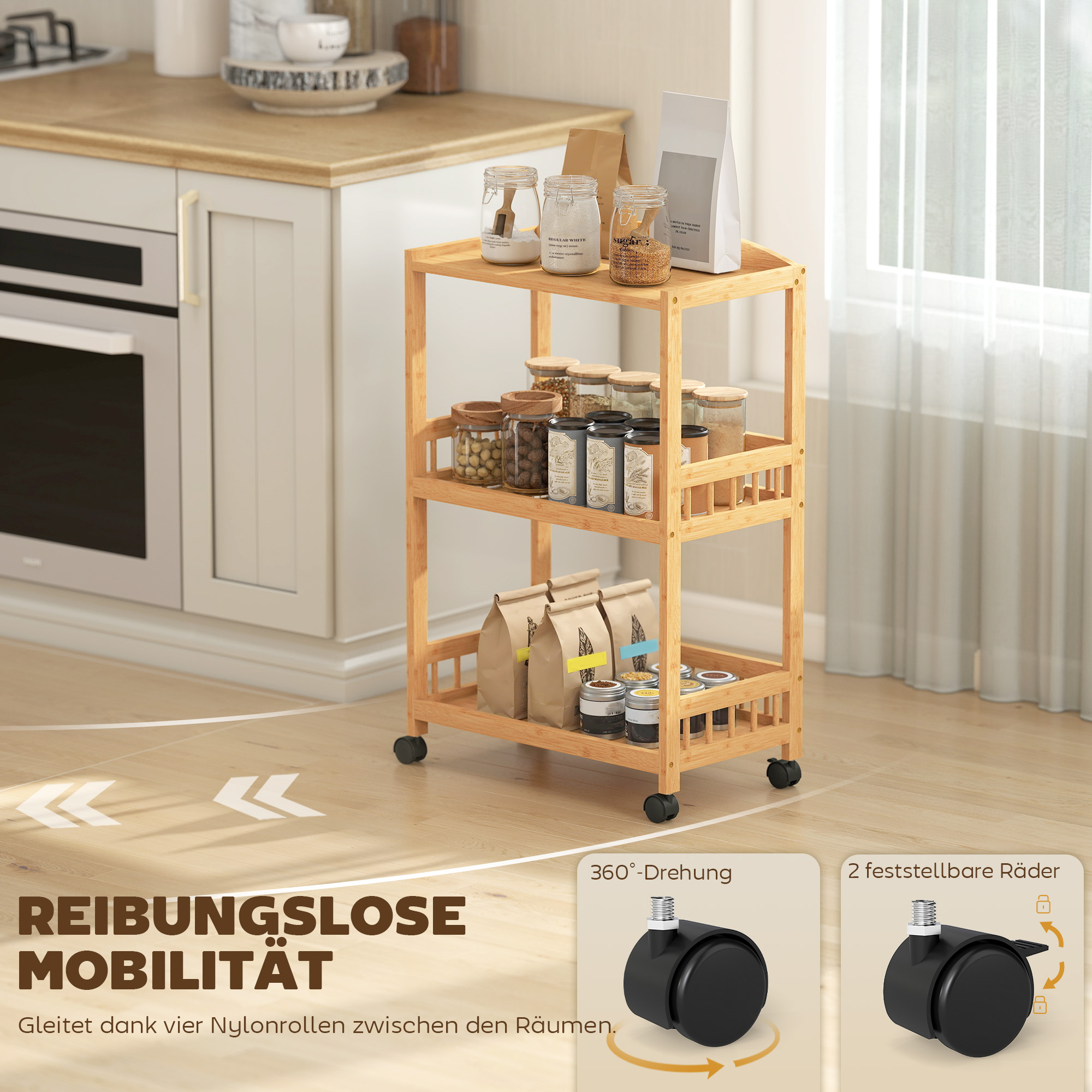 Küchenwagen Rollwagen mit 3 Ebenen, Servierwagen mit Stauraum Küchenregal auf Rollen, für Küche Bad Büro Naturholz