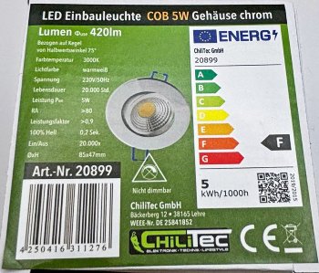 LED-Einbauleuchte "COB-5", 5W, 420lm / ALU, 3000K, 75°, Ø85xT47mm, Rahmen chrom
