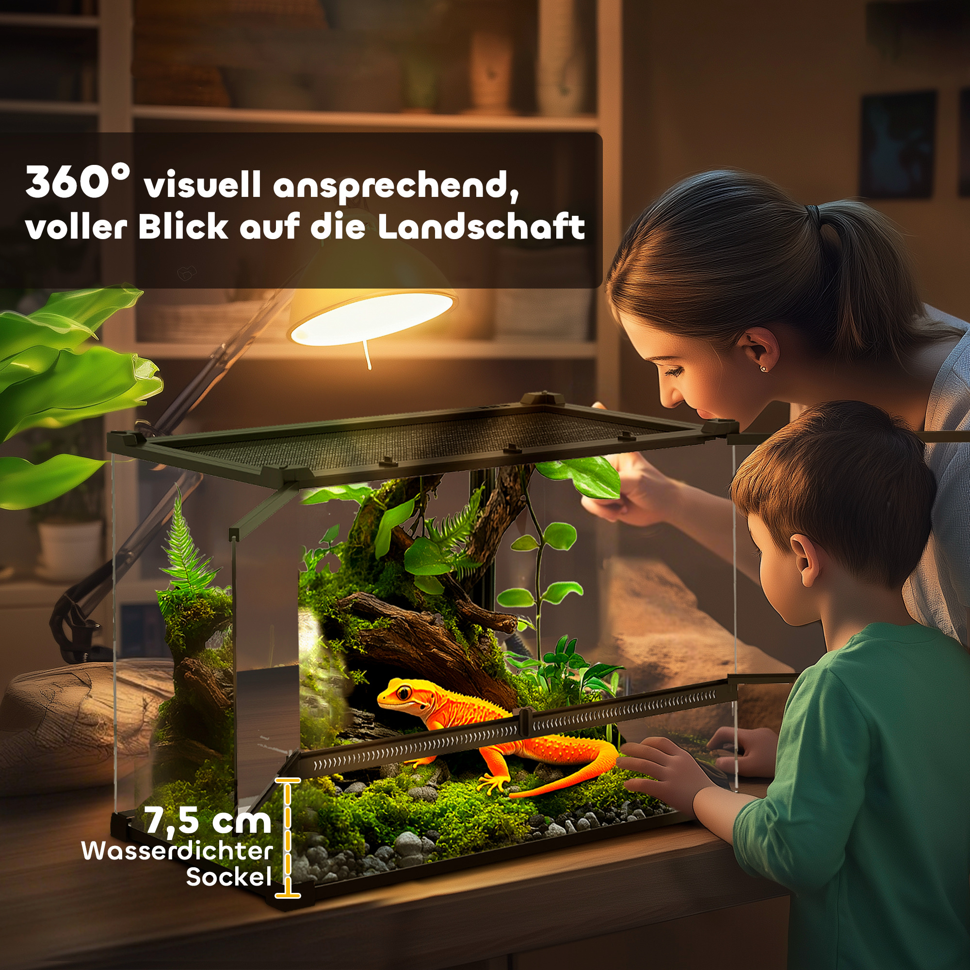 Glas-Terrarium für Reptilien, erhöhter & wasserdichter Boden, Knopfschloss