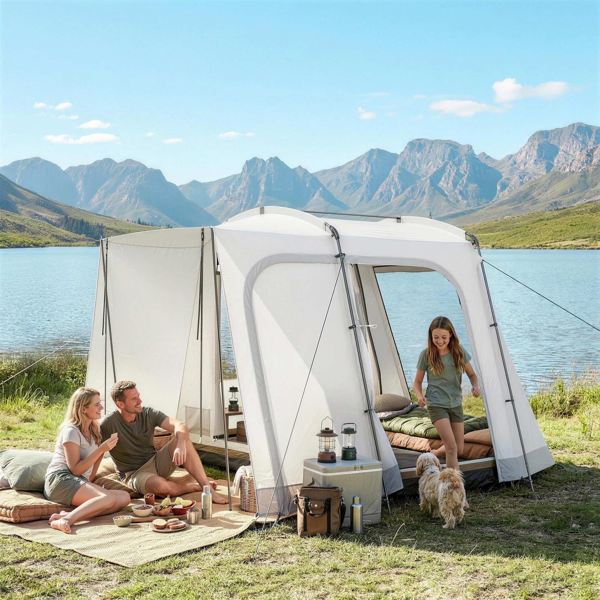 Heckzelt für 2-4 Personen, 320 x 280 x 205 cm 2 in 1 Autozelt wasserdicht Tunnelzelt mit 4 Türen Fenster Bodenplane