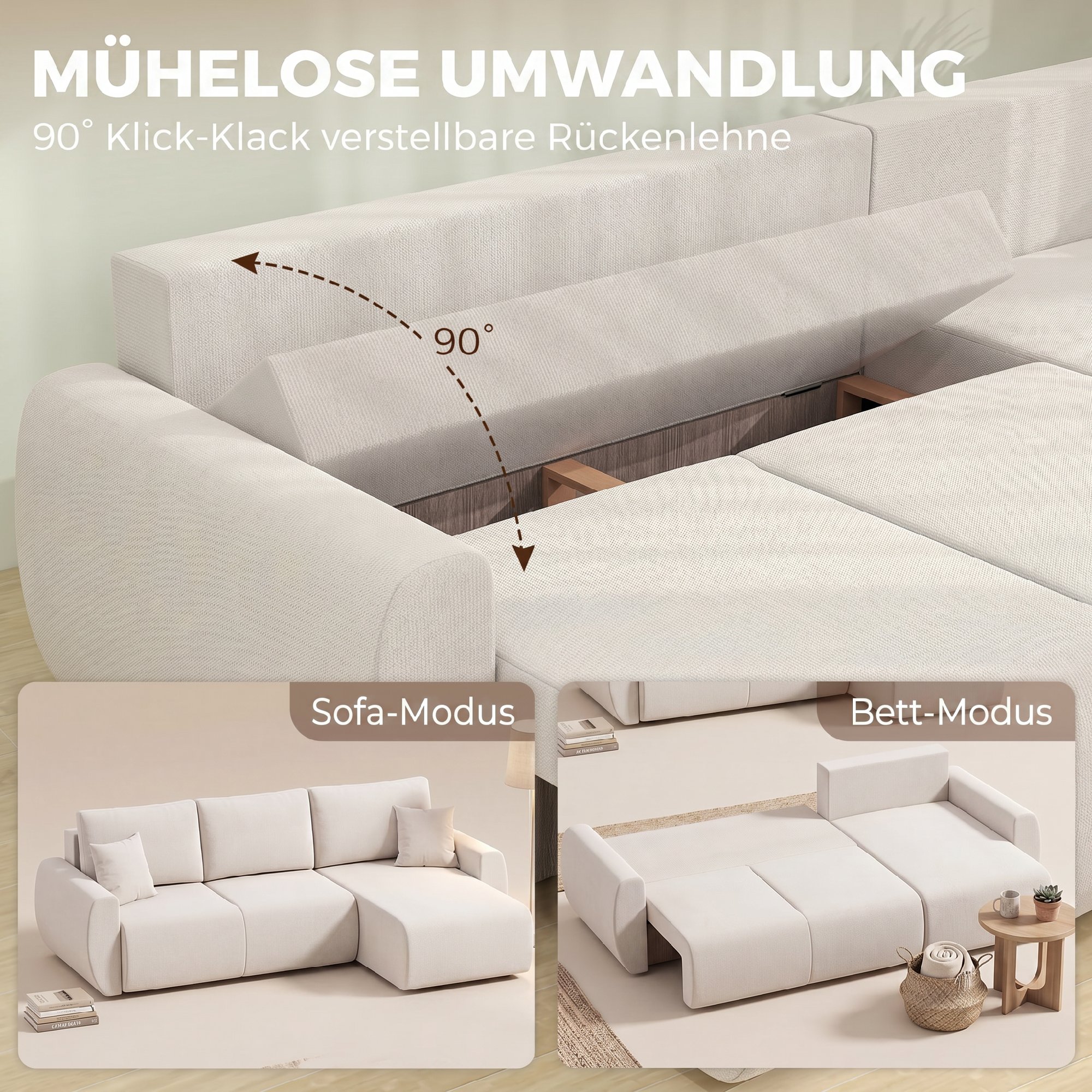Schlafsofa mit Umkehrbarer Chaiselongue, L-förmiges 3-Sitzer Sofa aus Veloursbezug, Cremeweiß