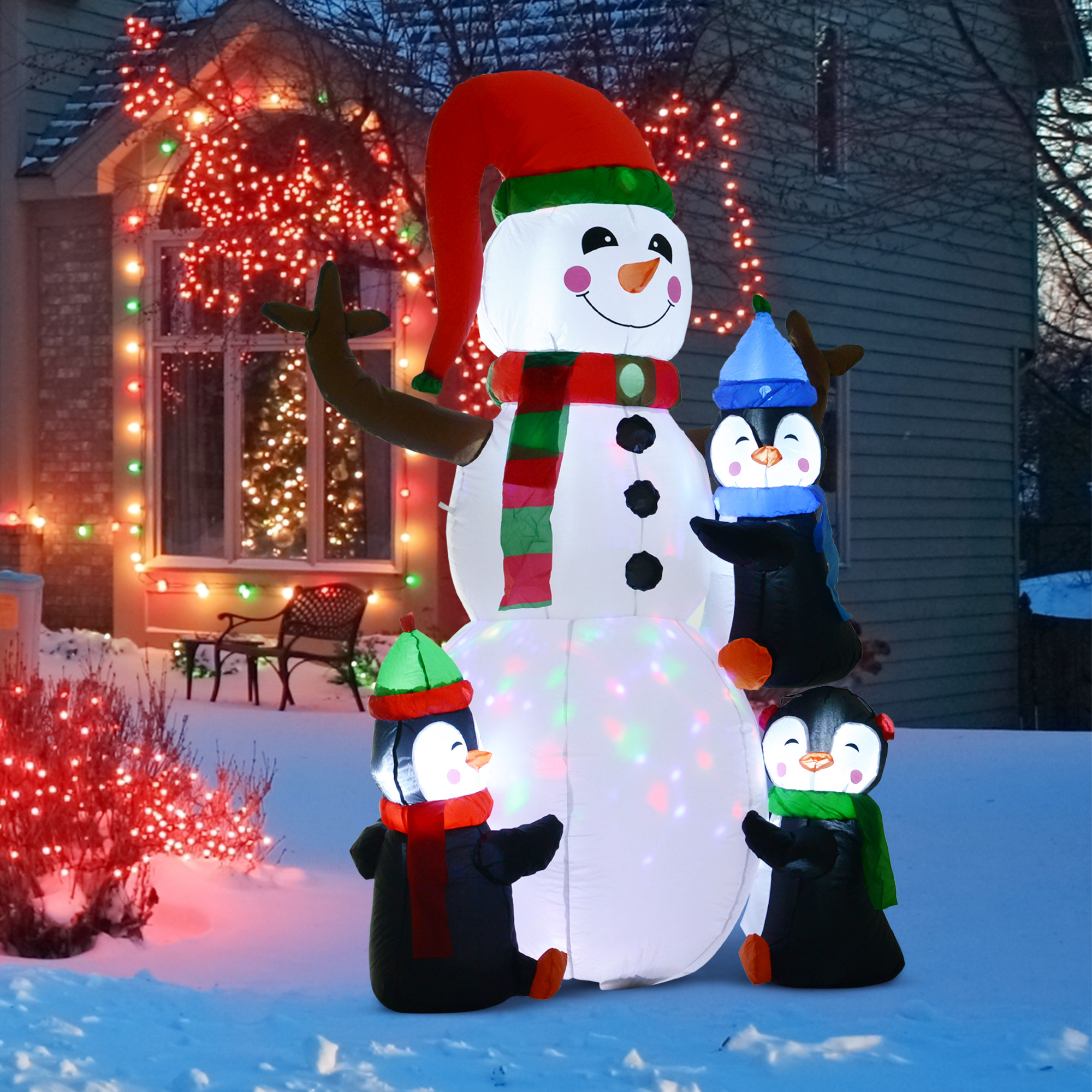Schneemann Outdoor-Weihnachtsdekoration, inkl. Gebläse, bunte LED´s, selbstaufblasend 1,4 m, Mehrfarbig