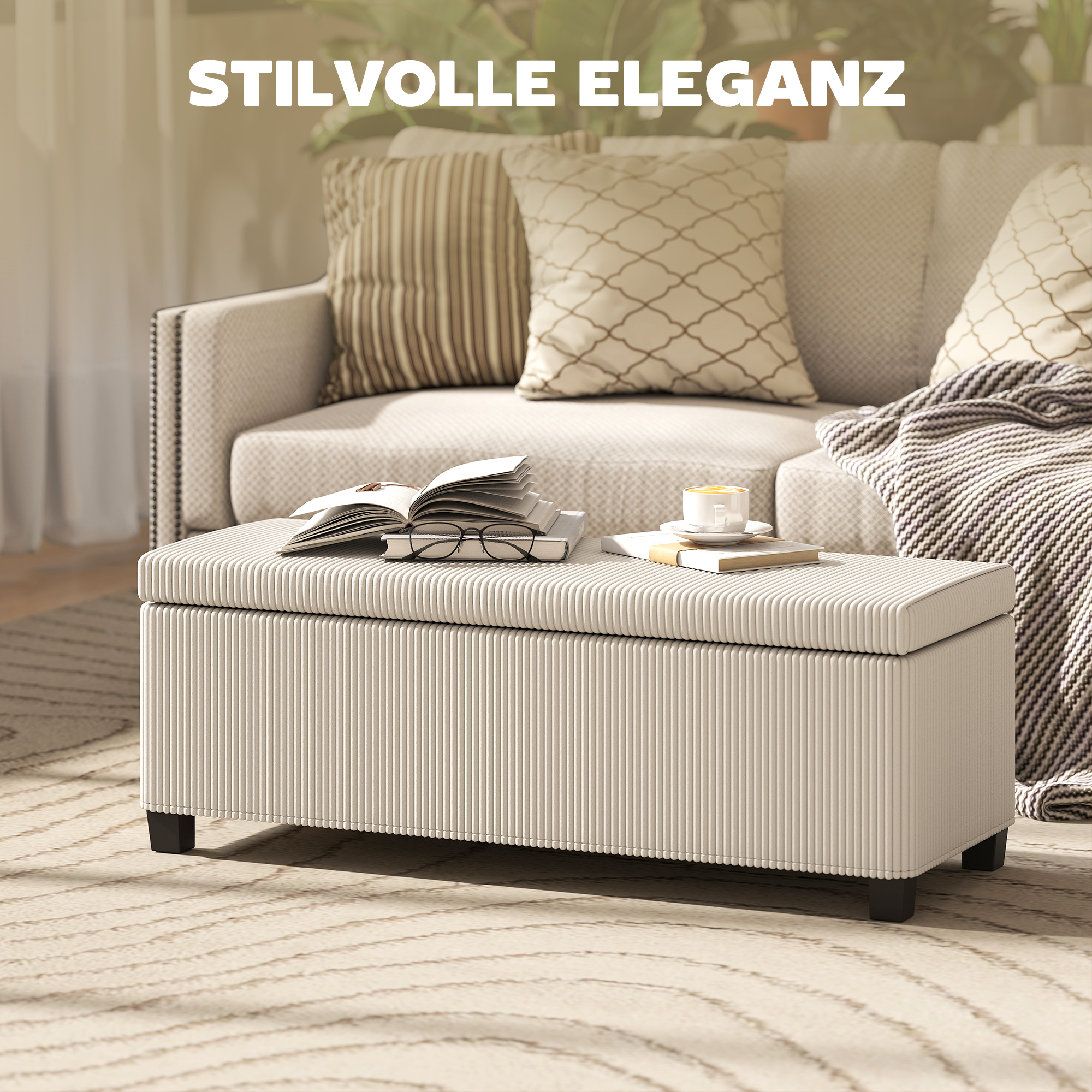 Sitzbank mit Stauraum, Aufbewahrungsbank, Cord-Design, Stahlrahmen, Beige