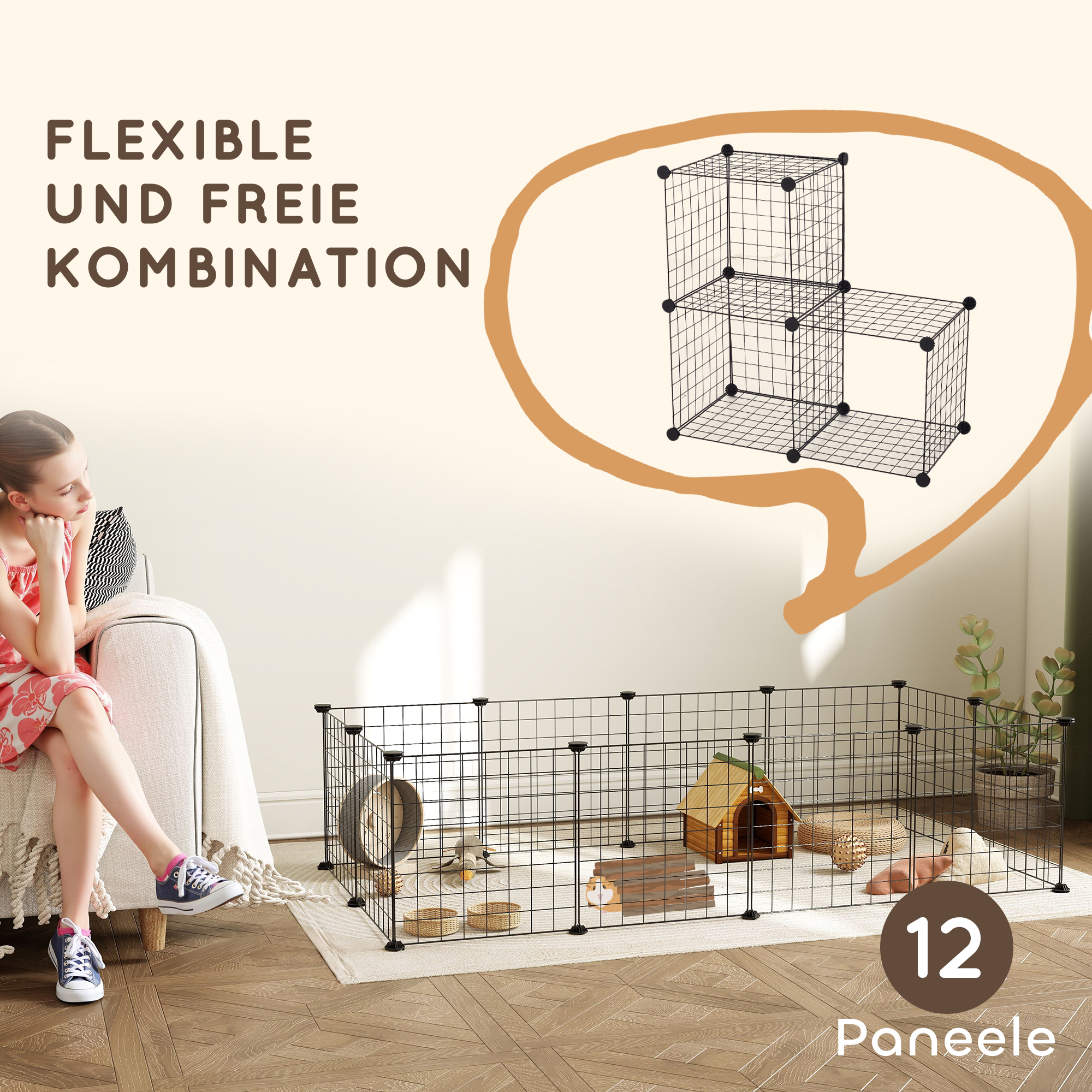 Freigehege, Freilaufgehege, Laufstall mit Metallgitter, Gehege für Kleintiere, umformbar, Gehege für innen und außen, 106 x 73 x 36 cm, schwarz