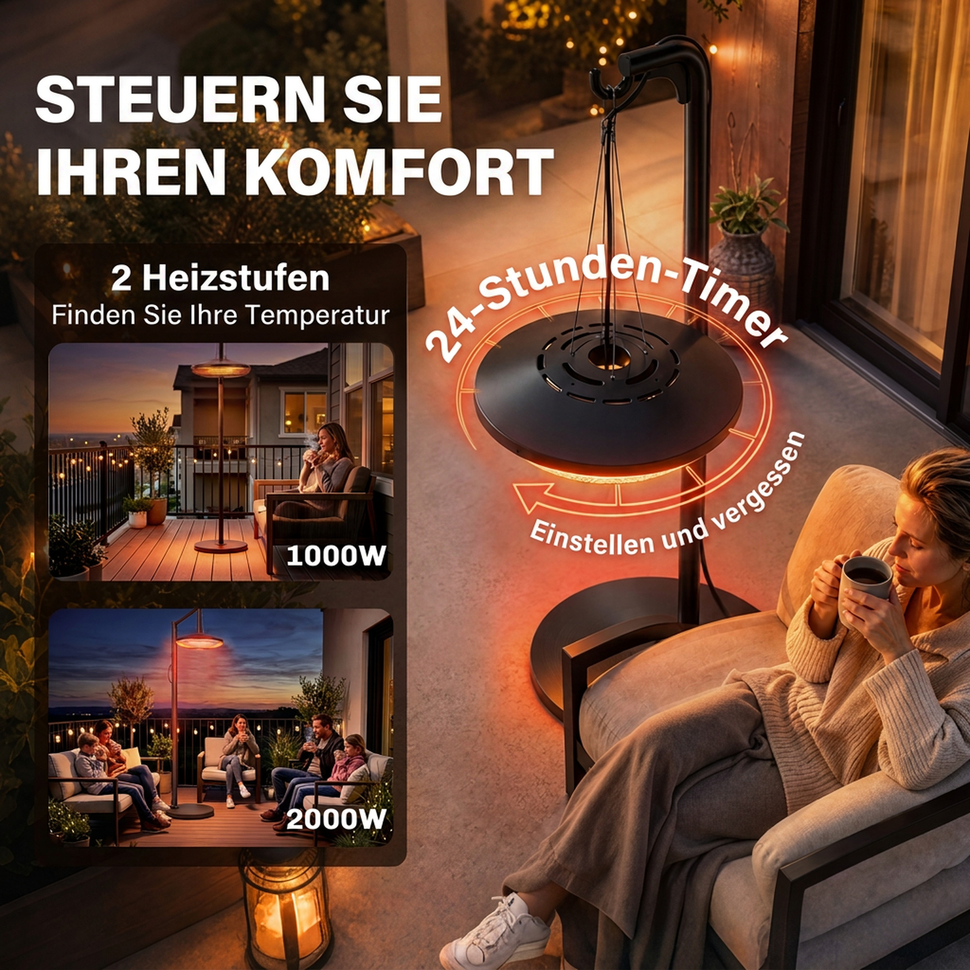 Infrarot Heizstrahler Hängend 2000W Carbonfaser Deckenheizstrahler mit LED-Beleuchtung Touch & Fernbedienung 2 Heizstufe