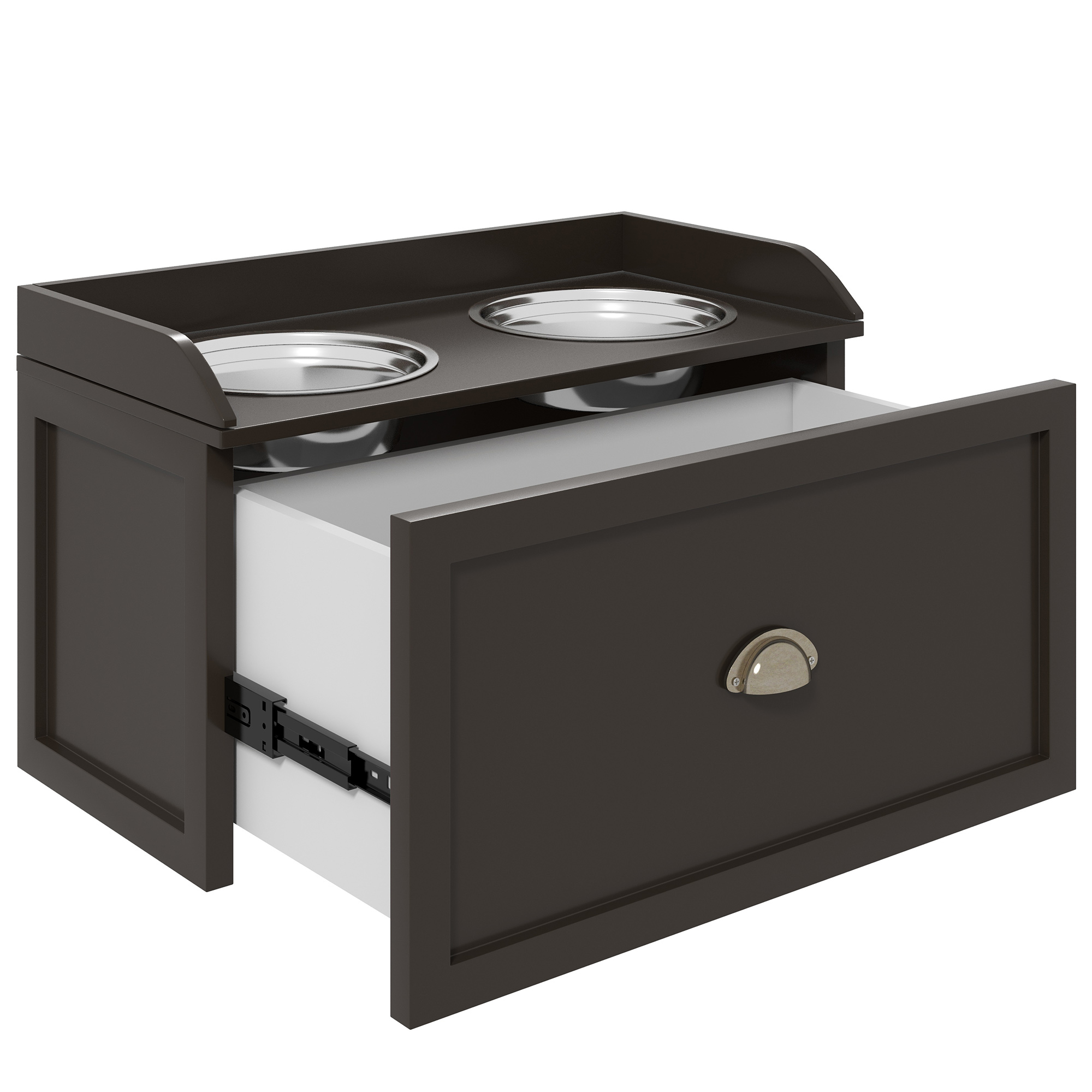 Futterstation erhöhte Fressnäpfe 2 Fressnäpfe, 2 Edelstahlschalen, 1 Stauraum, 60 x 30 x36 cm, Braun