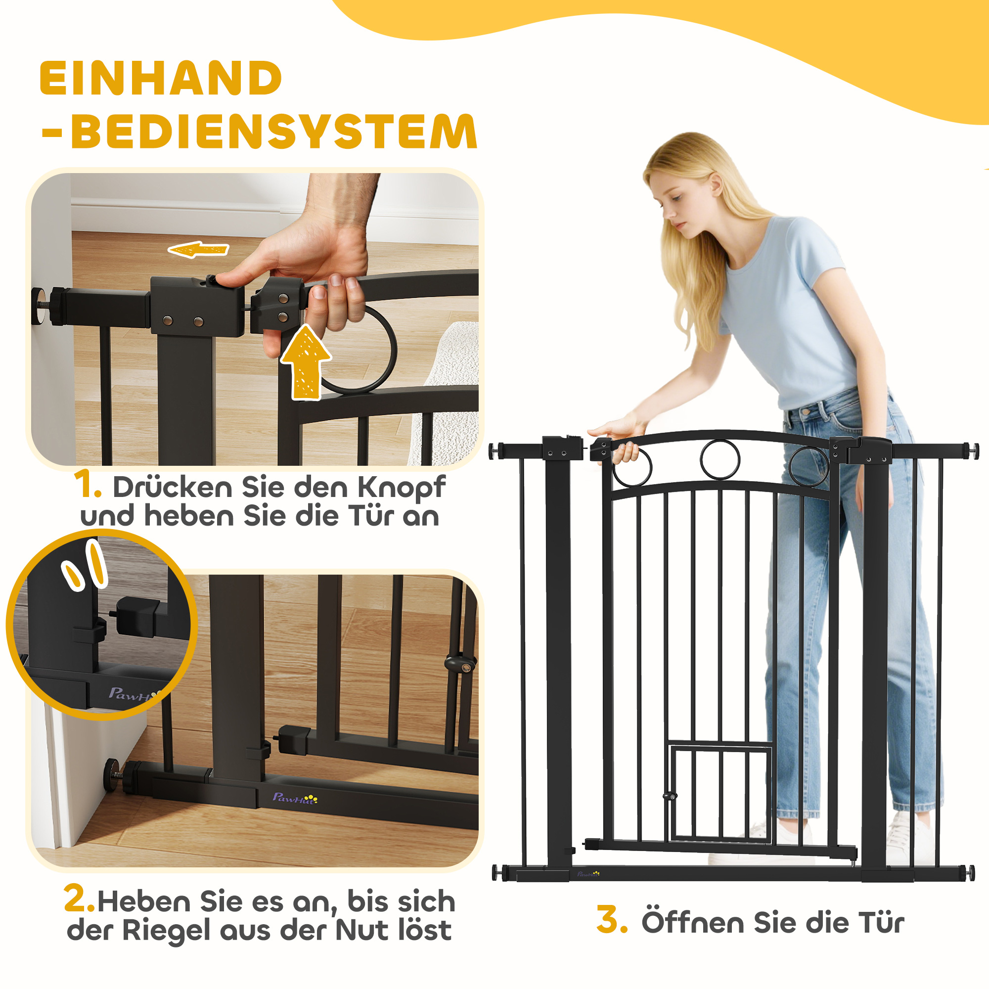 Haustiertor, 96 cm Treppengatter, verstellbare Breite 76-104 cm, mit Katzentür, für Treppen und Türöffnungen, Schwarz