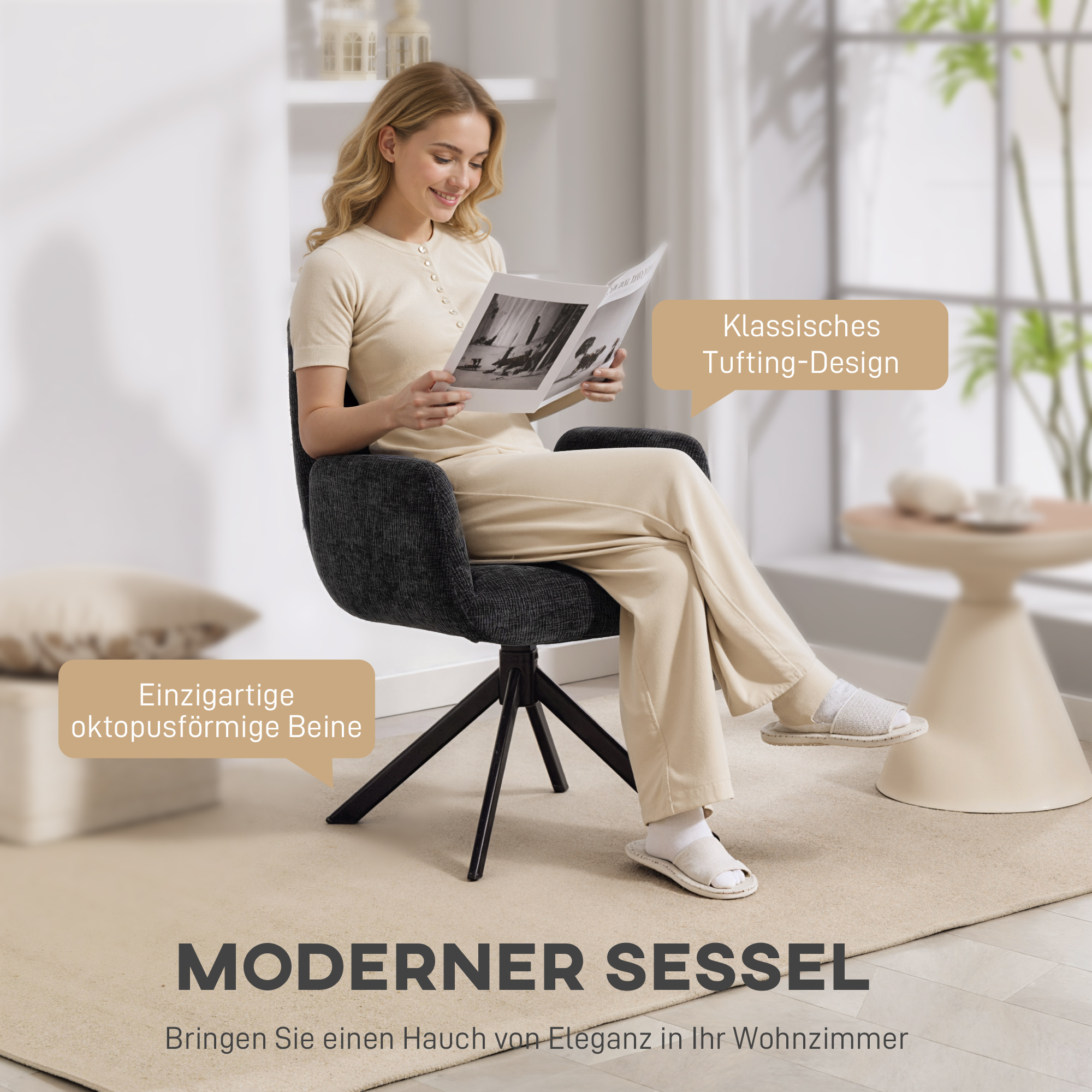 Polstersessel, Akzentsessel, modernes Design, drehbar, bis 120 kg, Schwarz