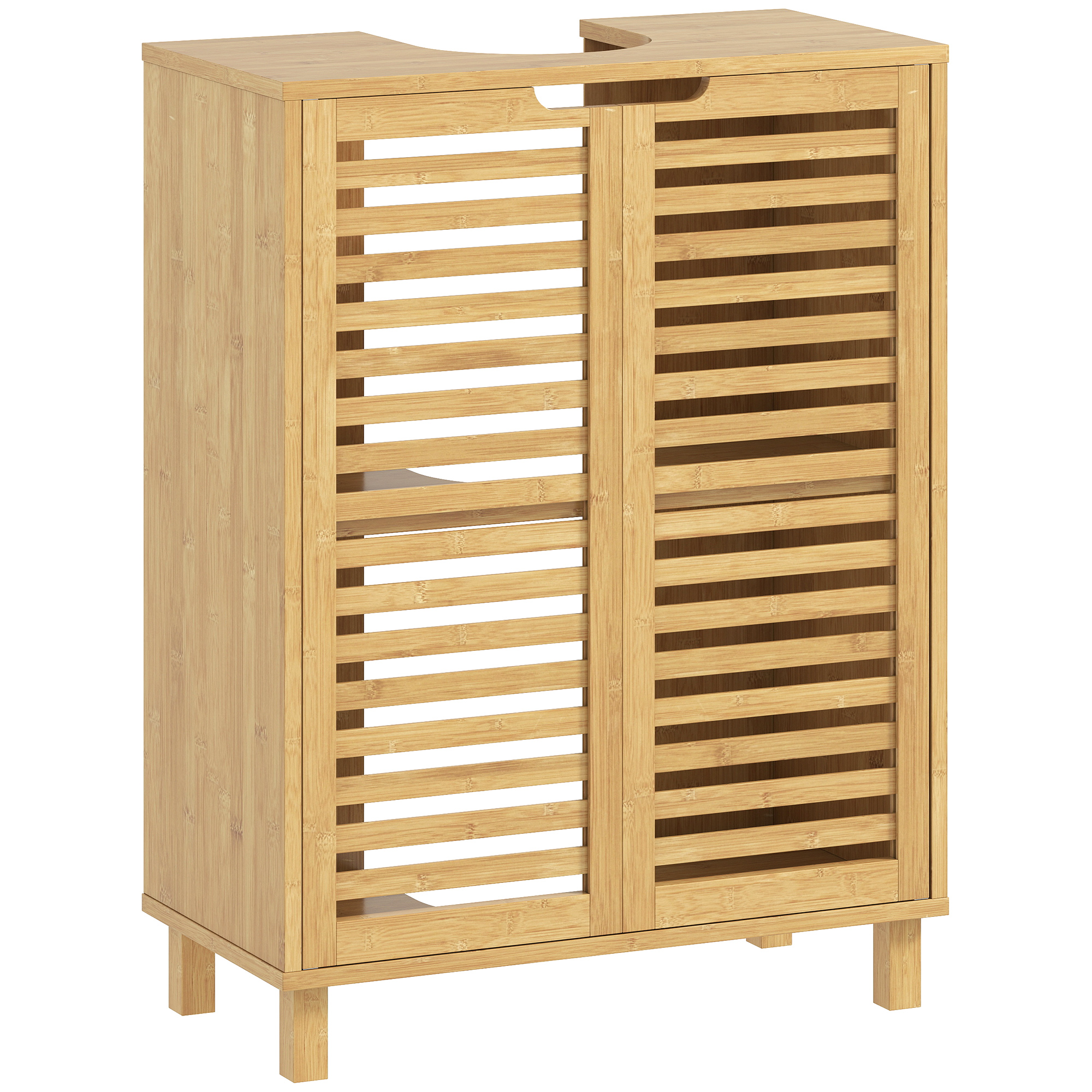 Waschbecken-Unterschrank für Badezimmer, Badschrank mit Lamellentüren, Bambusholz, verstellbare Regale, Natur