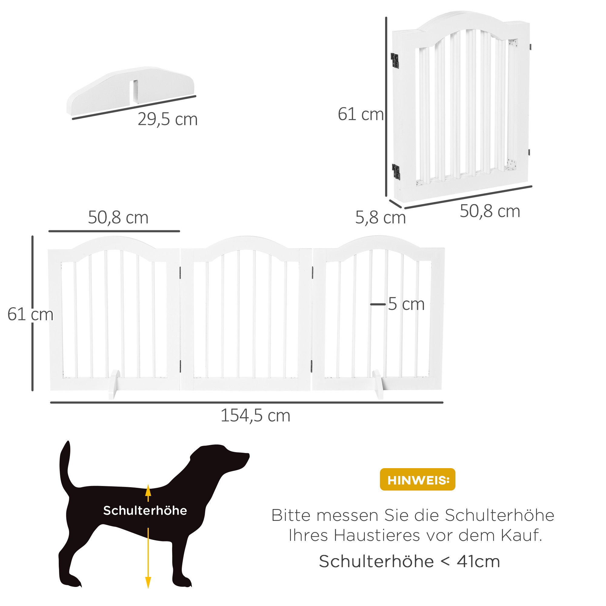 Absperrgitter Hund 3-teilig, 154,5 x 61 cm Faltbar Hundegitter mit Tür, Türschutzgitter mit 2 Stützfüßen, Freistehend Treppengitter für Küche, Flur, Weiß