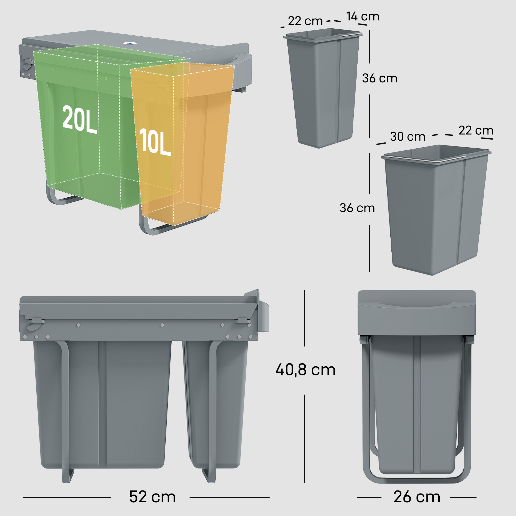 Ausziehbarer Mülleimer, Küchenmüllbehälter mit 2 herausnehmbaren Eimern, Griff, 30 Liter (20 L+10 L), Metall, Grau