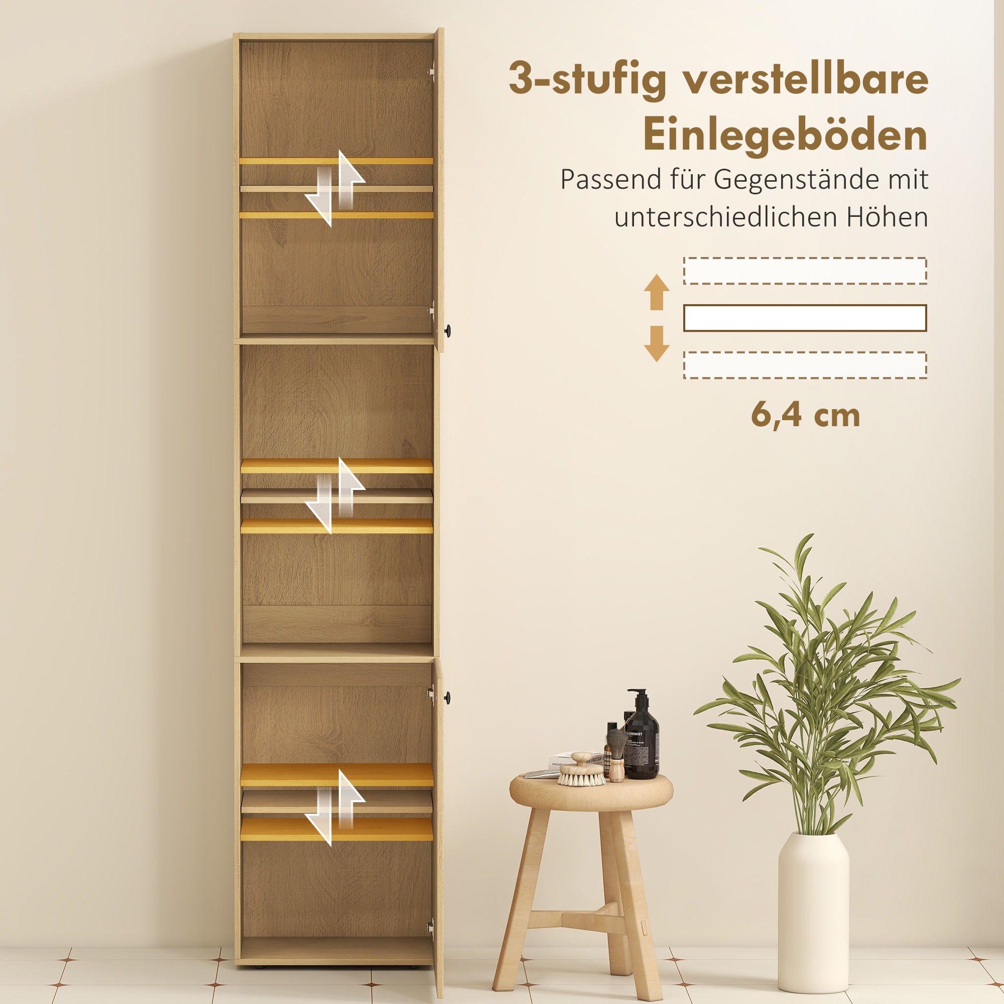 hoher Badezimmerschrank, 6 Ebenen, 2 Schränke, 2 offene Regale, offene Fächer, Holz, Eichenfarben
