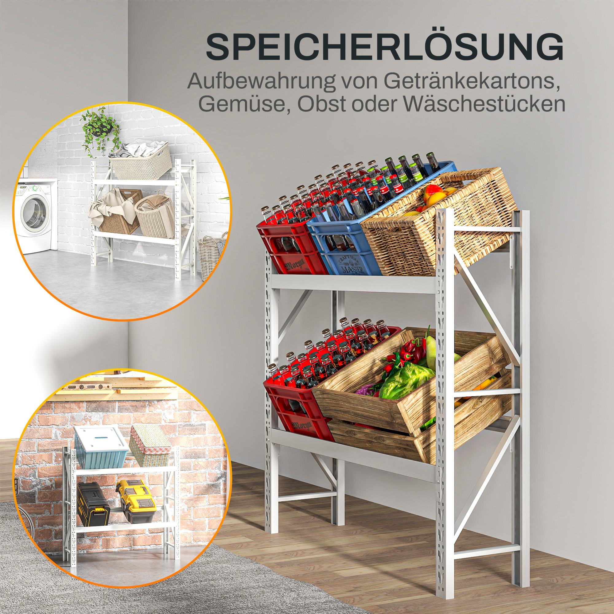 Getränkekistenregal, bis 6 Kisten, höhenverstellbar, Stahlrahmen, 110x30x110 cm, Weiß