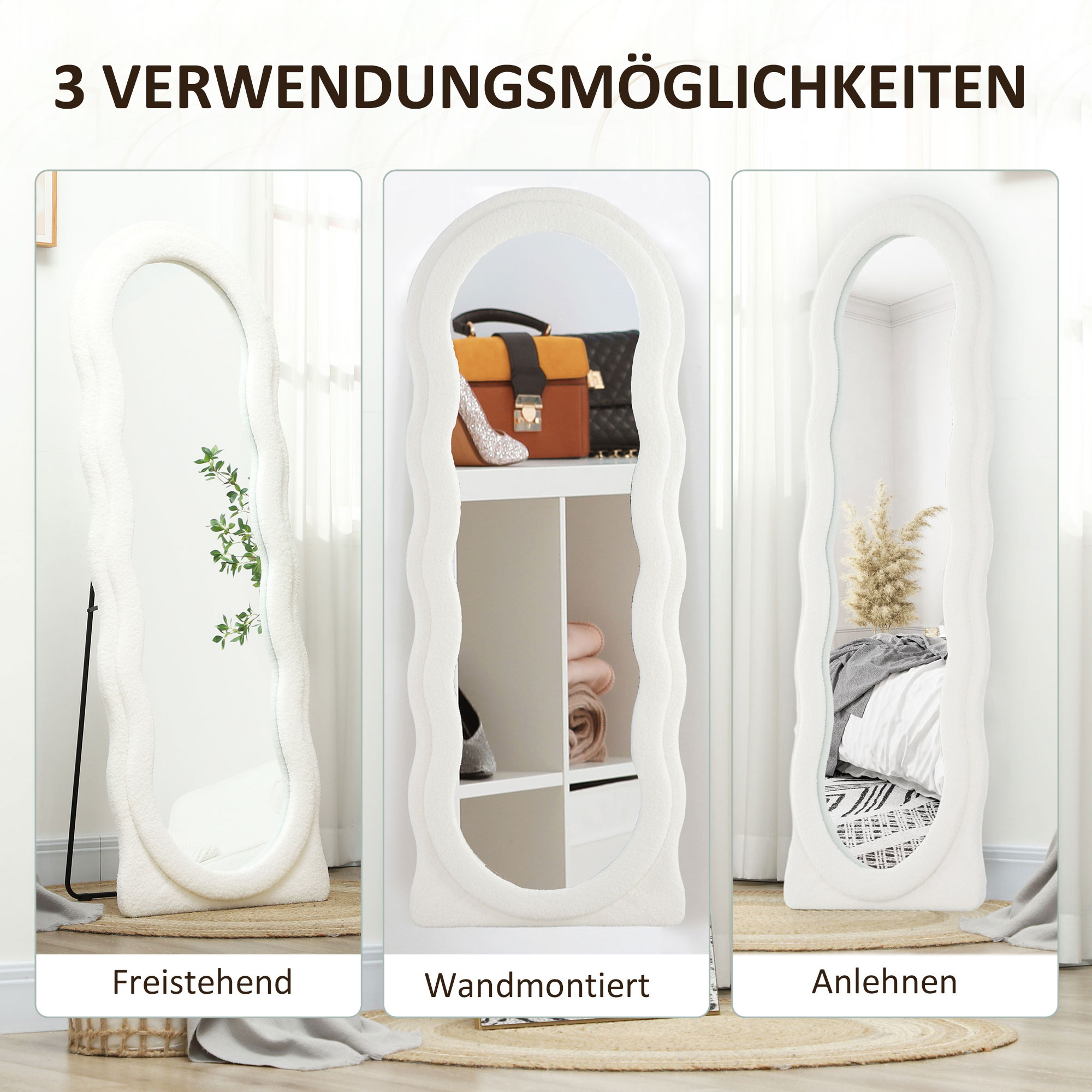 Ganzkörperspiegel 160 x 60 cm Gewölbter Standspiegel mit Wellendesign Bruchsichere Glas Weiß