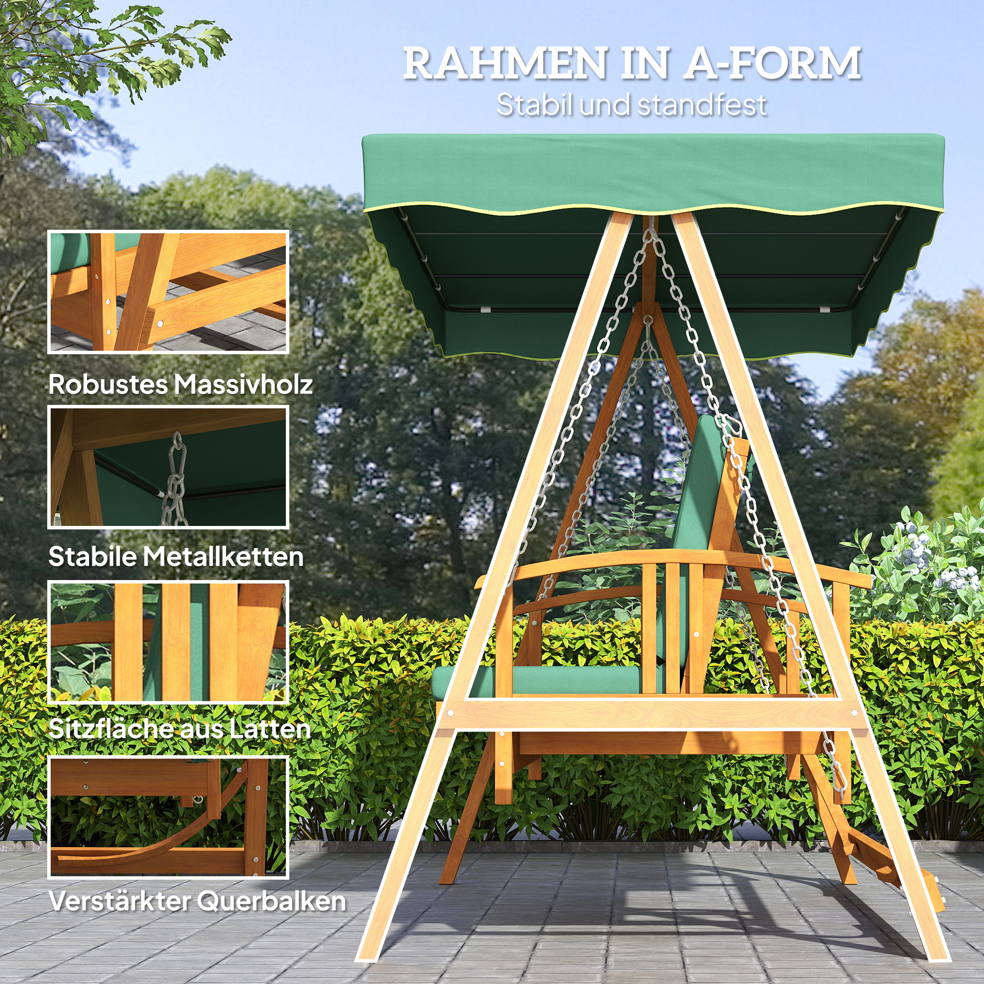 Hollywoodschaukel mit Sonnendach, Echtholz-Gartenschaukel, Schaukelbank mit Liege-Funktion, für 3 Personen, Dunkelgrün