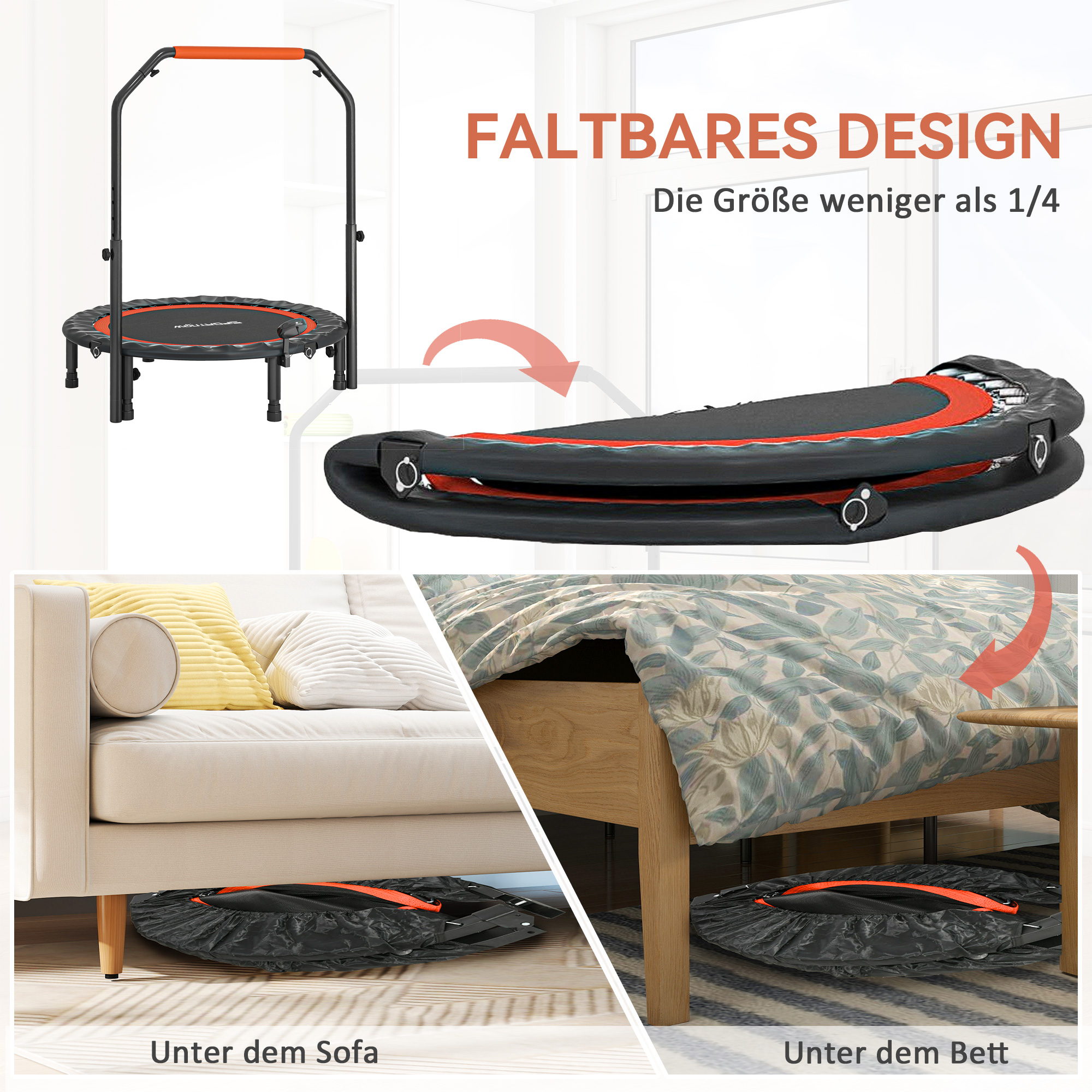 Mini-Trampolin, mit höhenverstellbarem Haltegriff, LCD-Monitor, Stahl, schwarz+rot, Ø102 x 99-123cm