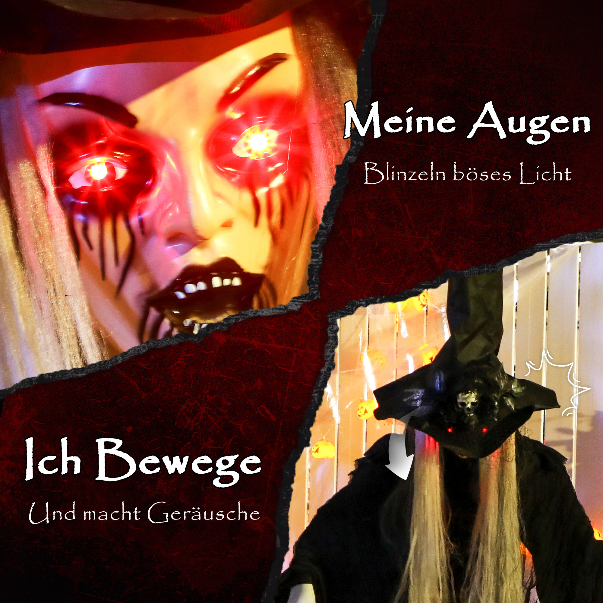 170 cm Halloween Dekoration Halloween Hexe mit LED-Lichter, Soundfunktion verstellbare Arme, Kopf