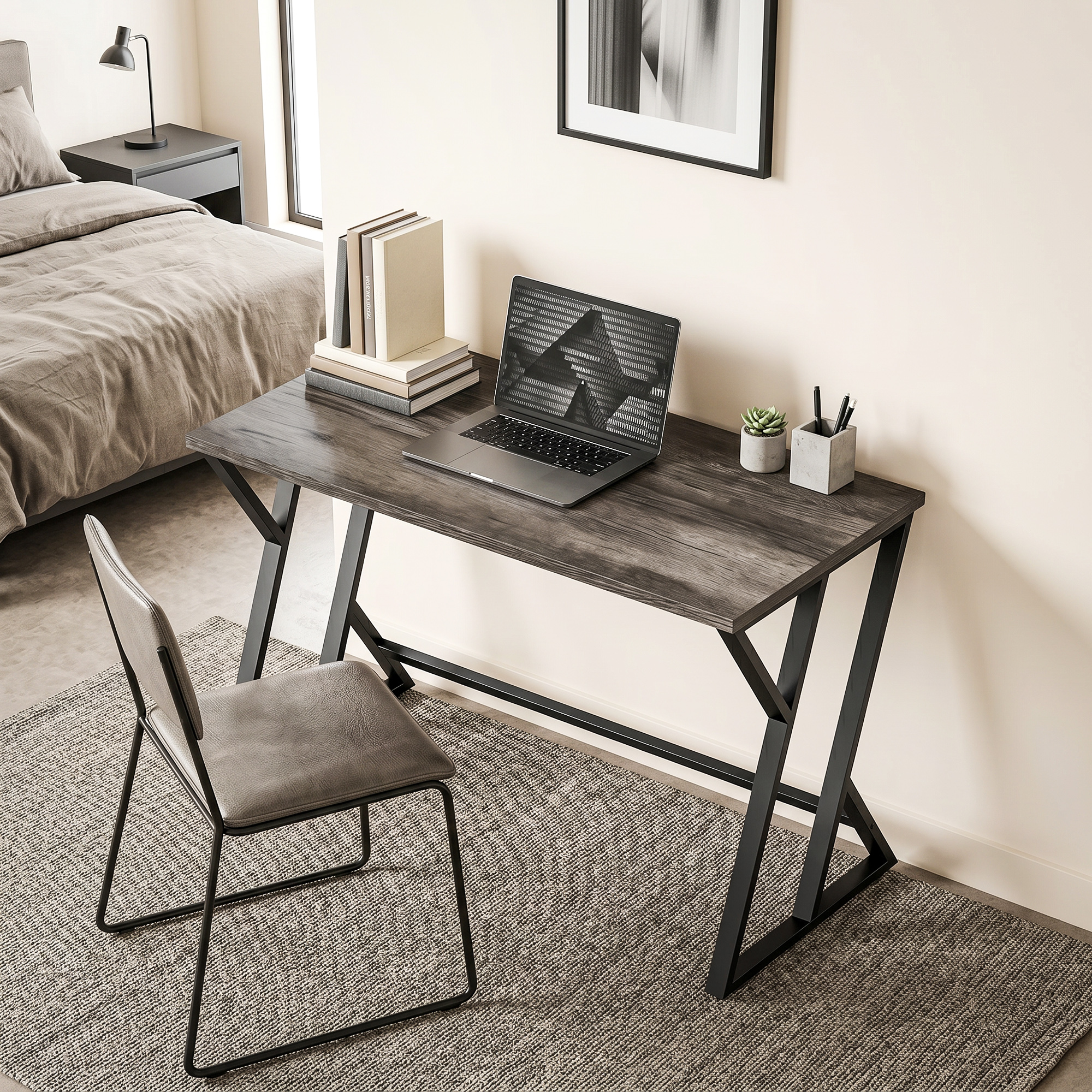 Schreibtisch Computertisch 120x60cm Bürotisch mit Z-förmigem Metallfuß, Holzoptik, Industriedesign für Büro, Grau