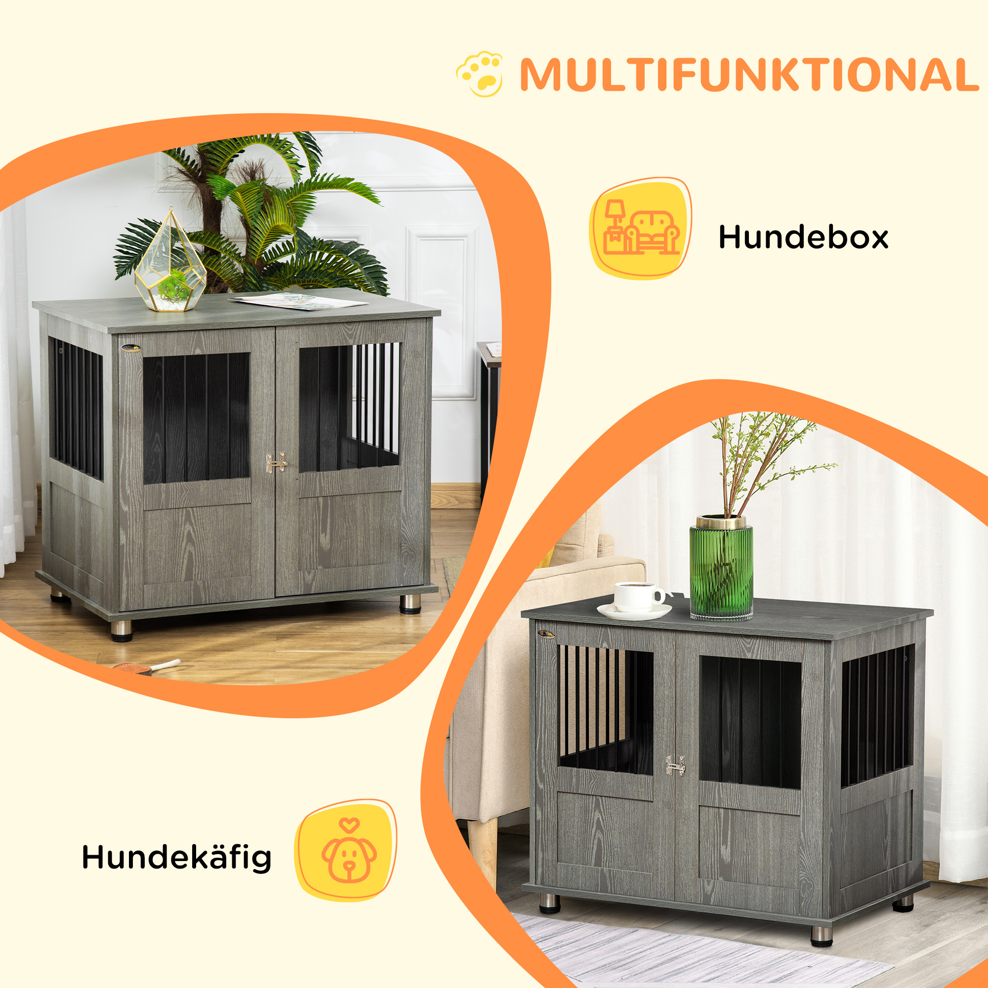 Hundebox, Haustierbox, Hundehütte mit Schloss, Magnettür, Hundehaus mit Fenster, für große Hunde, 85 x 55 x 75 cm, Grau