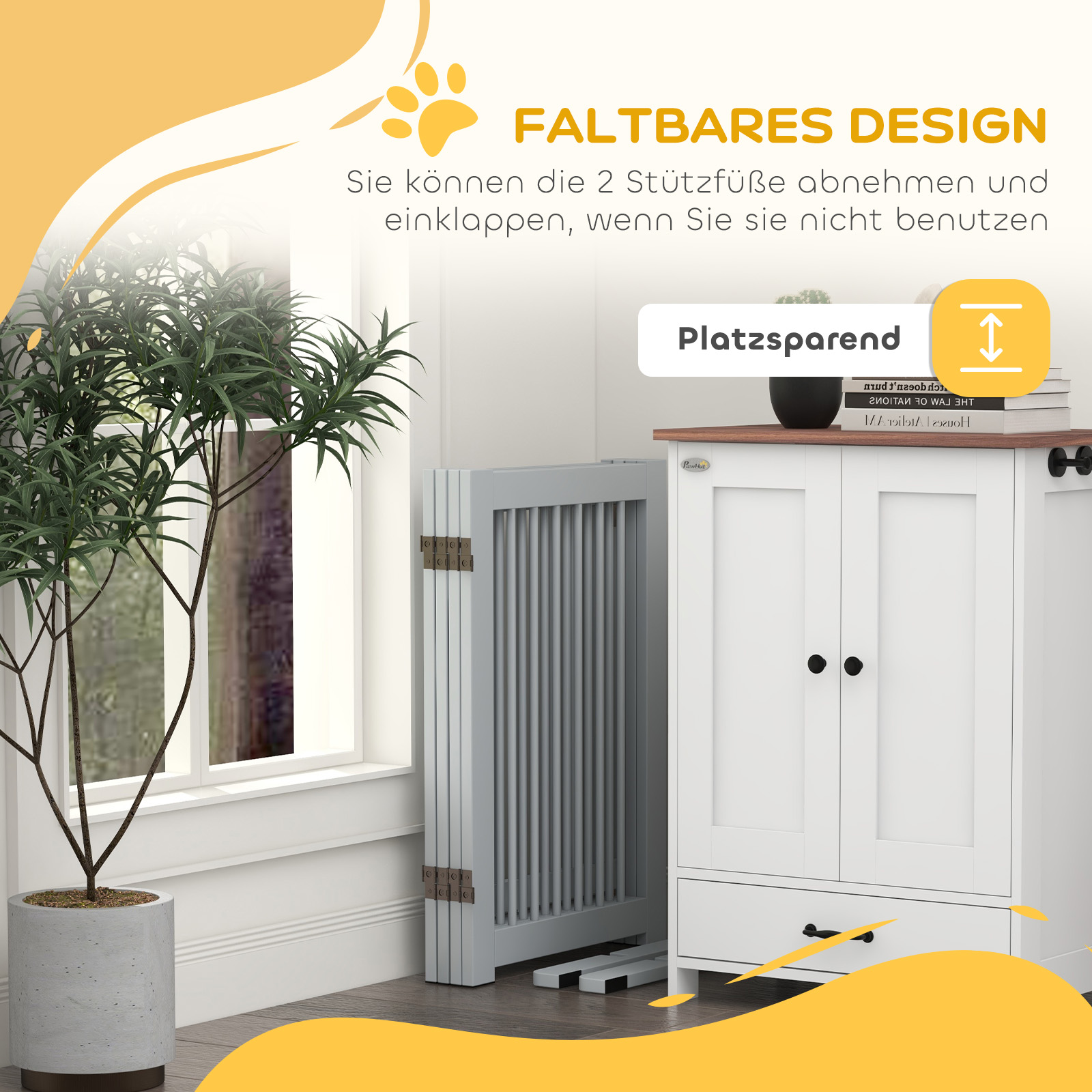 freistehendes Hundegitter, 4 Paneele, flexibel, Kiefernholz, 204L x 36B x 75H cm, Hellgrau