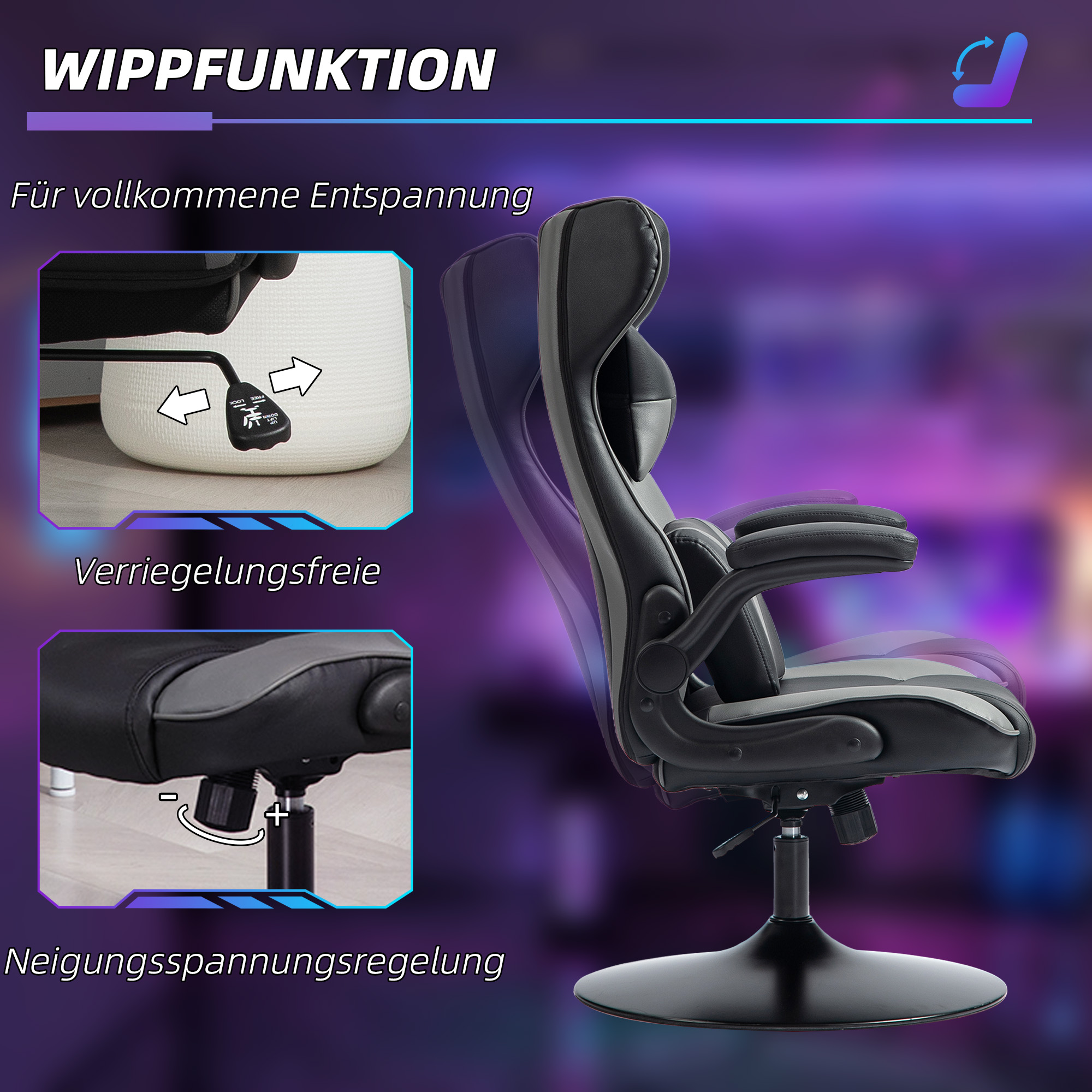 Gaming-Stuhl mit Schaukelfunktion, Drehstuhl, höhenverstellbar, gepolsterter Sitz, Metall, 67 x 71 x 112 cm, Grau
