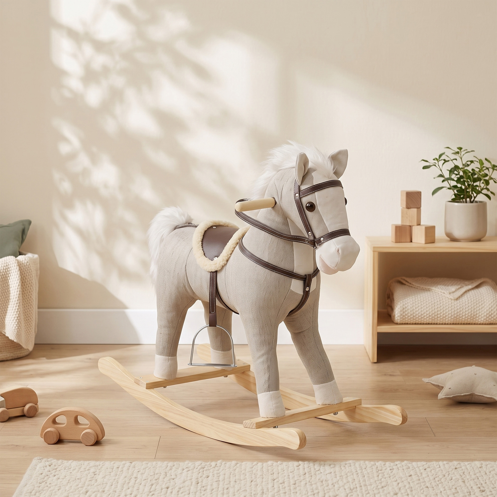 Schaukelpferd mit Sound und Sicherheitsgriffen, Reitpferd mit Holzgestell für Kleinkinder von 12–36 Monaten, Grau
