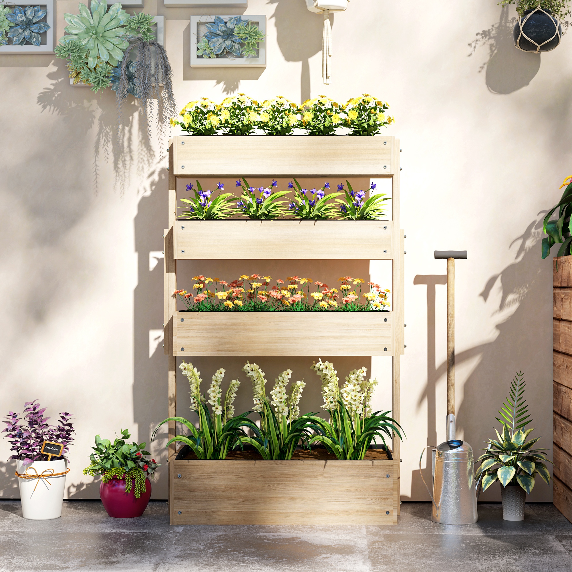 Hochbeet Holz, 4 Ebene Pflanzbeet mit Entwässerungslöcher Frühbeet Gartenbeet 88,5 x 45 x 140 cm Naturholz