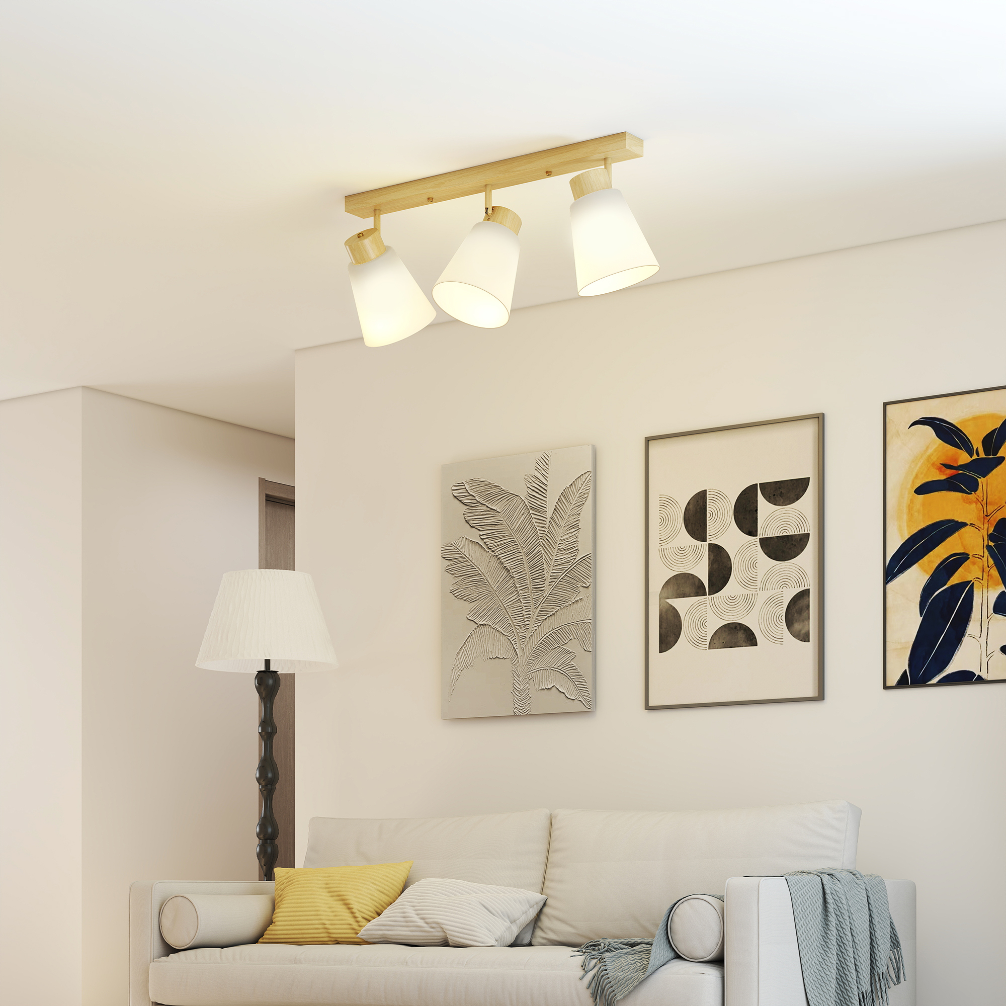 Deckenleuchte LED 40W Deckenlampe mit Doppelmontage und 90° verstellbaren Köpfen mit 3 E27-Fassungen Naturholz
