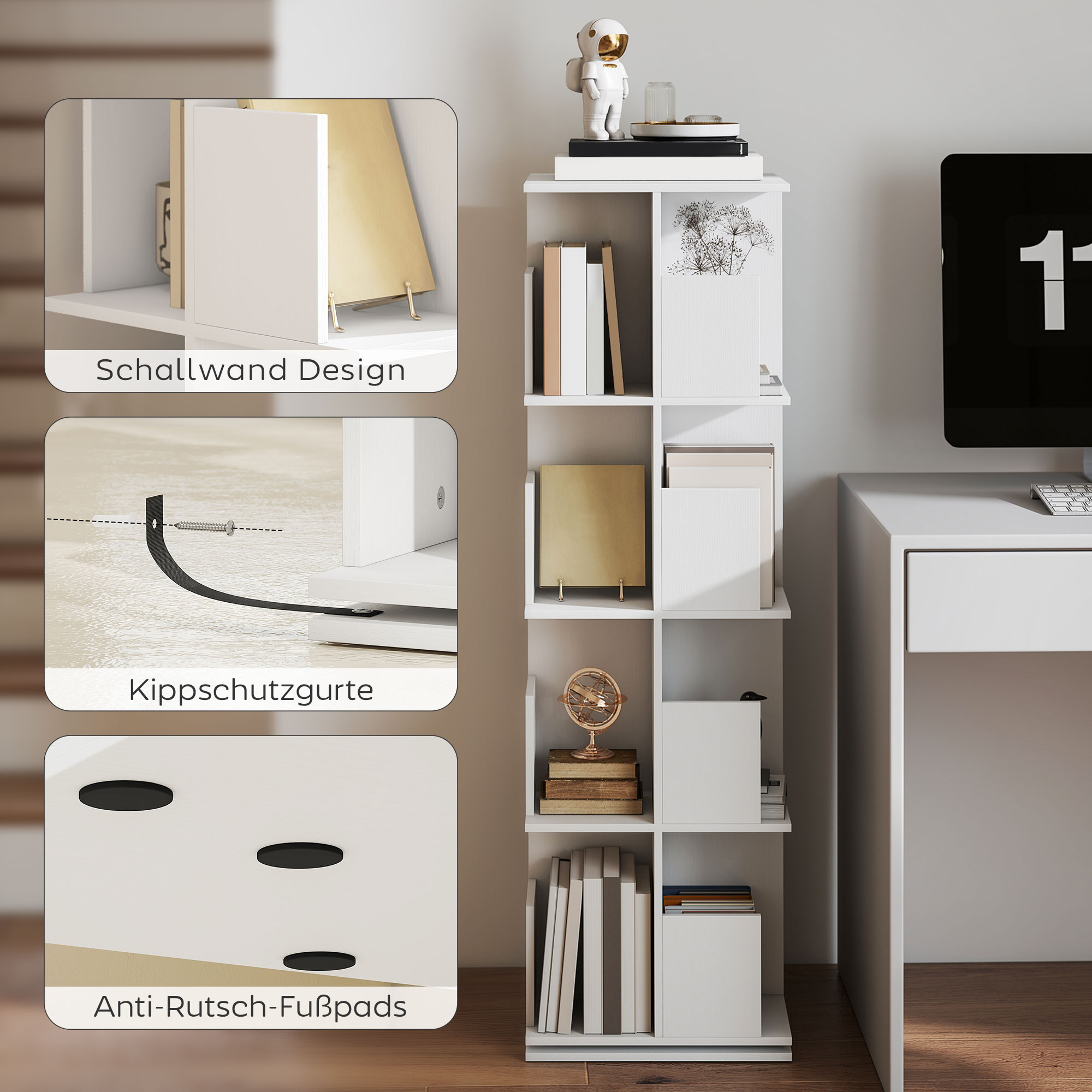 drehbares Bücherregal mit 4 Ebenen, 16 Fächer, leicht zugänglich, für Schlafzimmer, Wohnzimmer, Arbeitszimmer, Spanplatte, Weiß