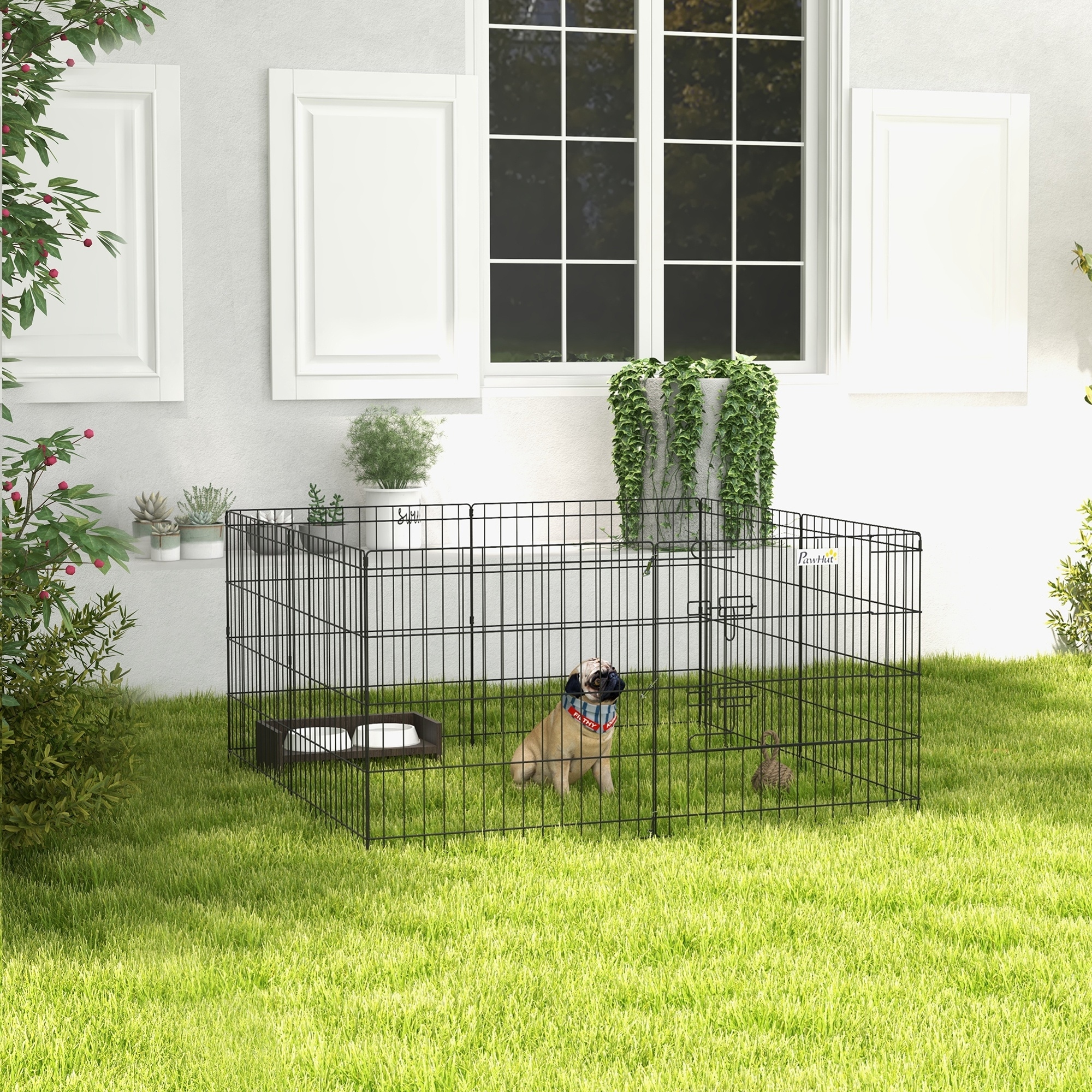 Haustierlaufstall, Spielgehege für Welpen und kleine Hunde, mit Tür, Indoor- und Outdoor-tauglich, 61 cm, Schwarz