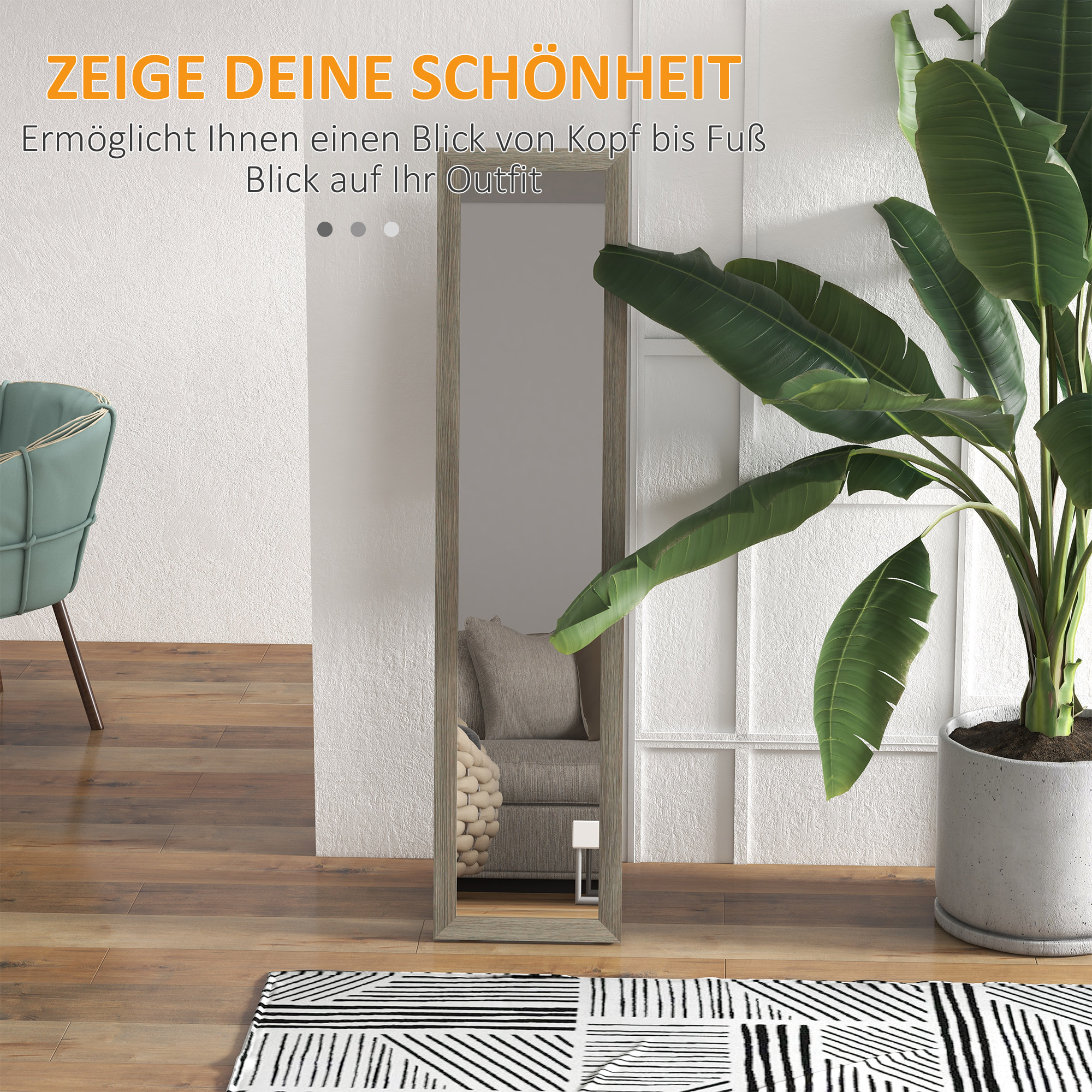 Ganzkörperspiegel, 37 x 157 cm, zum Aufhängen oder Aufstellen, Rechteckiger Spiegel für Wohnzimmer, Schlafzimmer, Grau