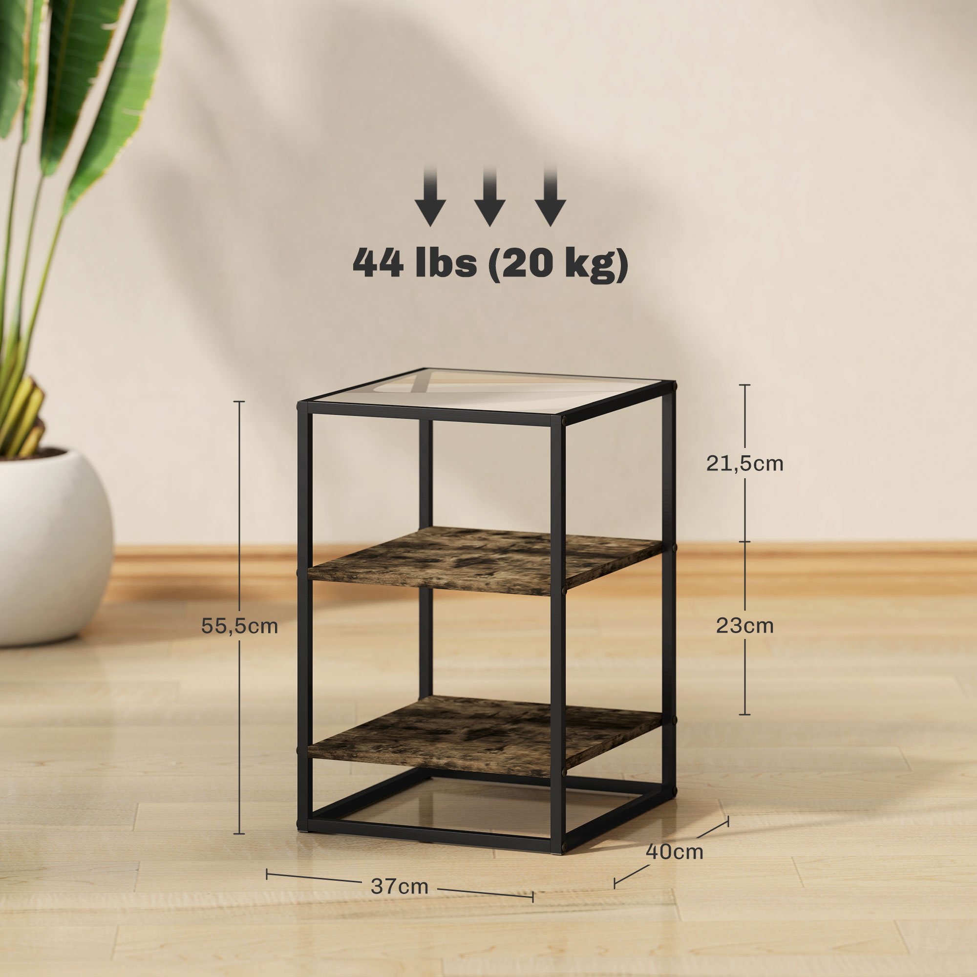 2er-Set Beistelltische mit Glasplatte, 3-stufiges Design, Metallrahmen, für Wohnzimmer, Schlafzimmer, Braun