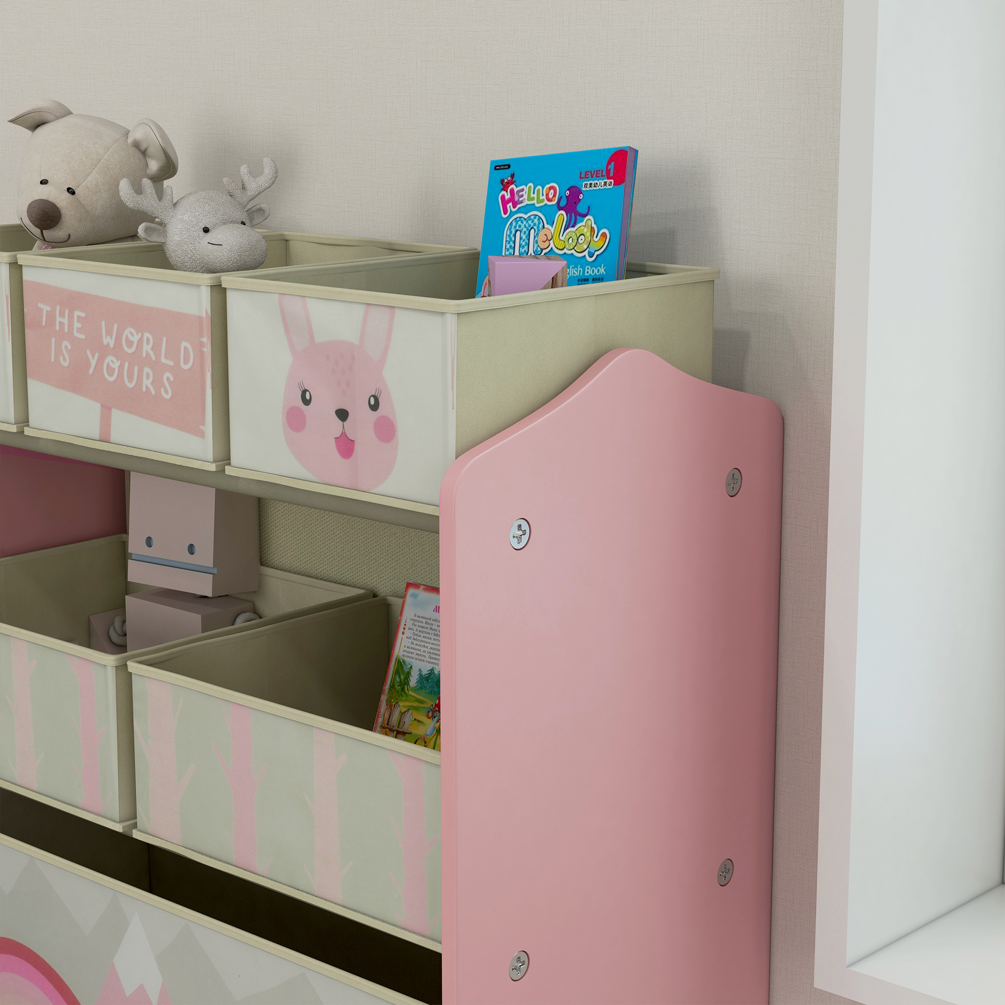 Kinderschrank mit 6 Stoffboxen, niedliches Motiv, 63x30x66 cm, Rosa
