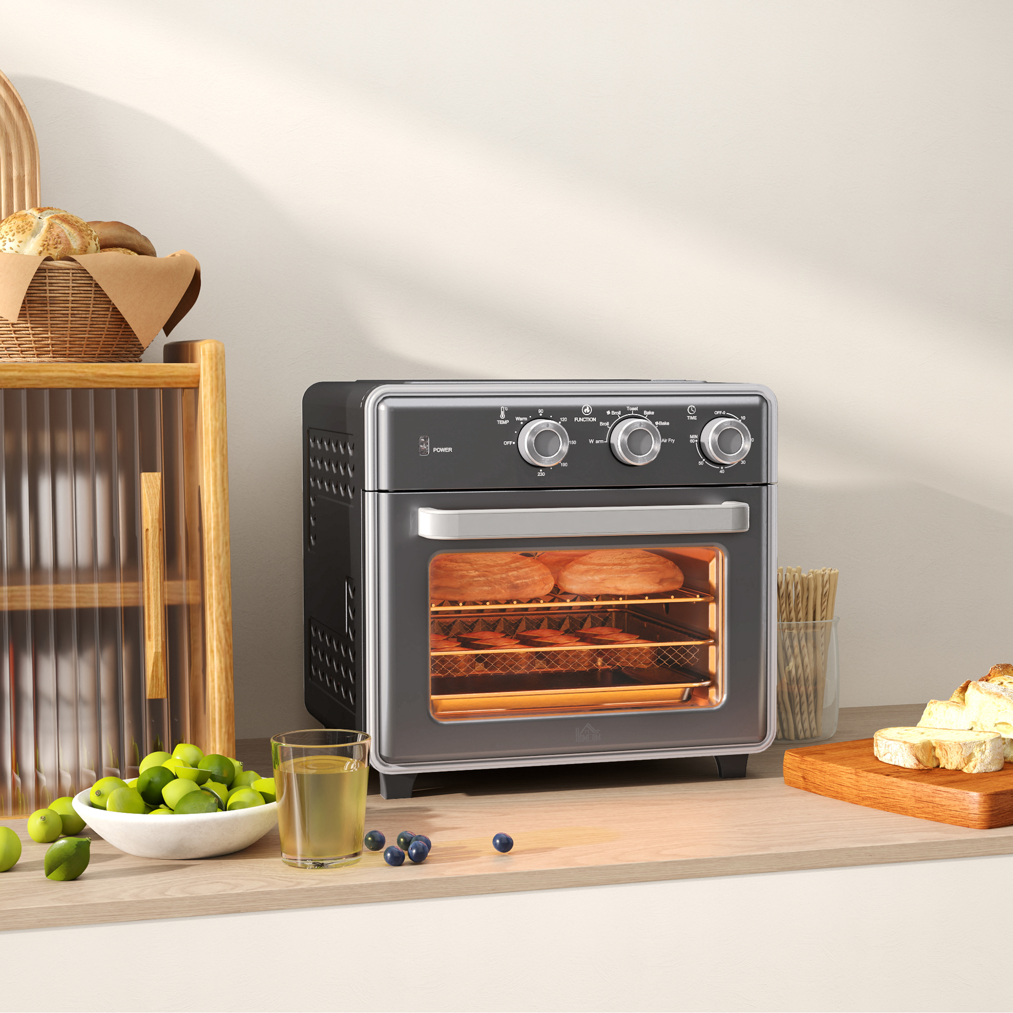 Minibackofen, 20L, 5 Funktionen, 360° Heißluft, Grillrost, Krümelblech, Grau
