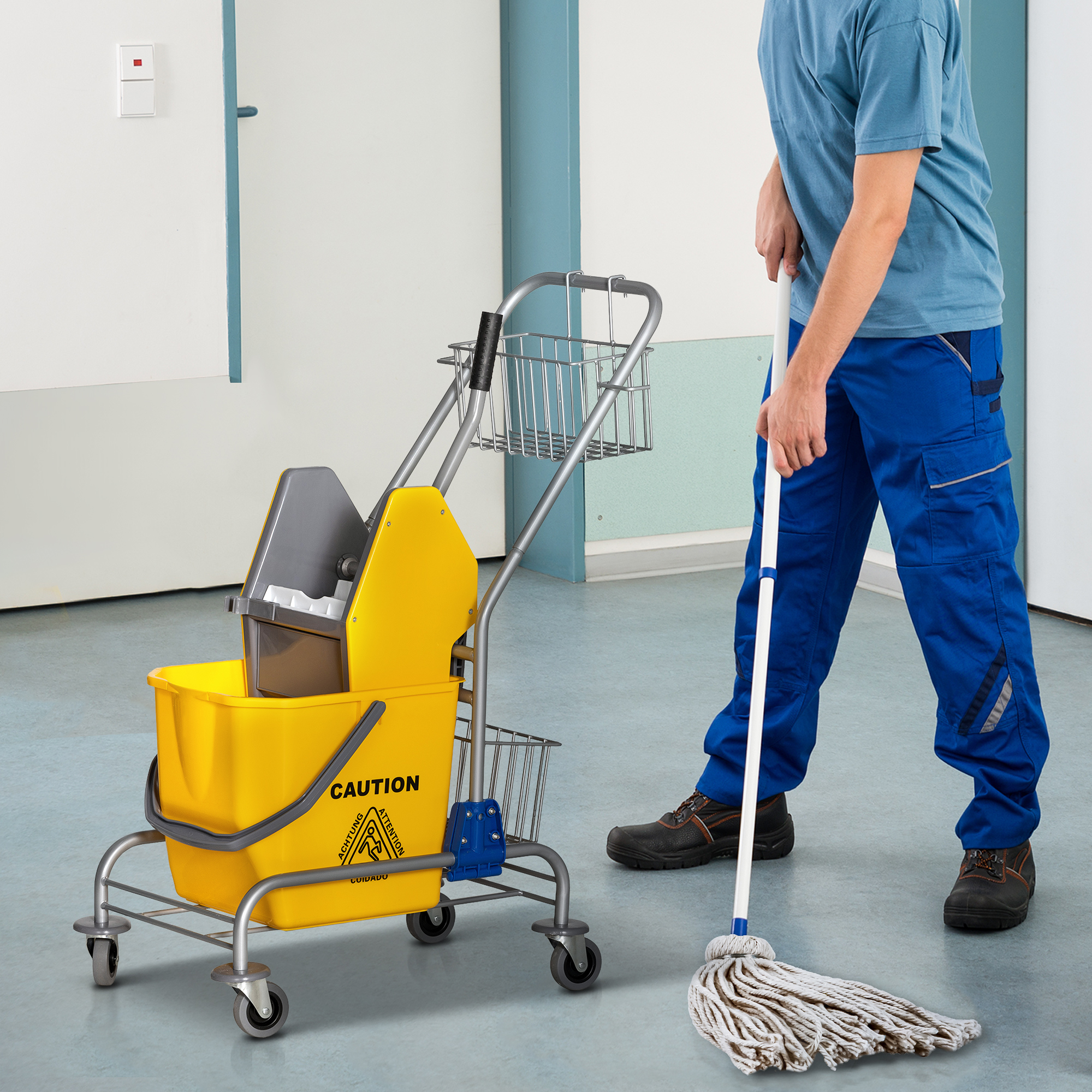 Reinigungseimer, Wischmoppeimer, rollbar, Kunststoff, Metallgriff, Gelb