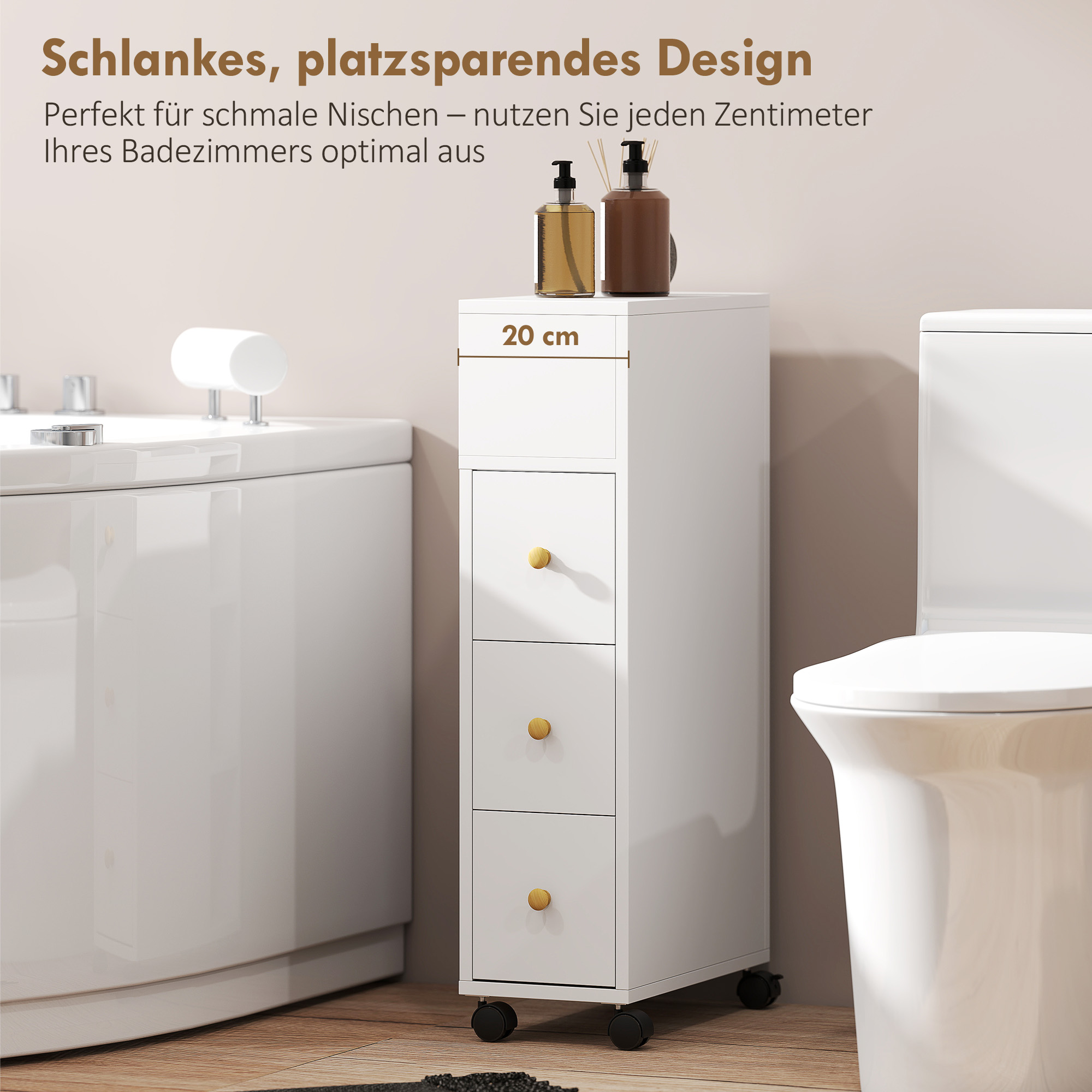Badezimmerschrank Schmal, Badschrank mit 4 Rollen, 3 Schubladen, 5 offenen Fächern, 20x40x80cm, Weiß