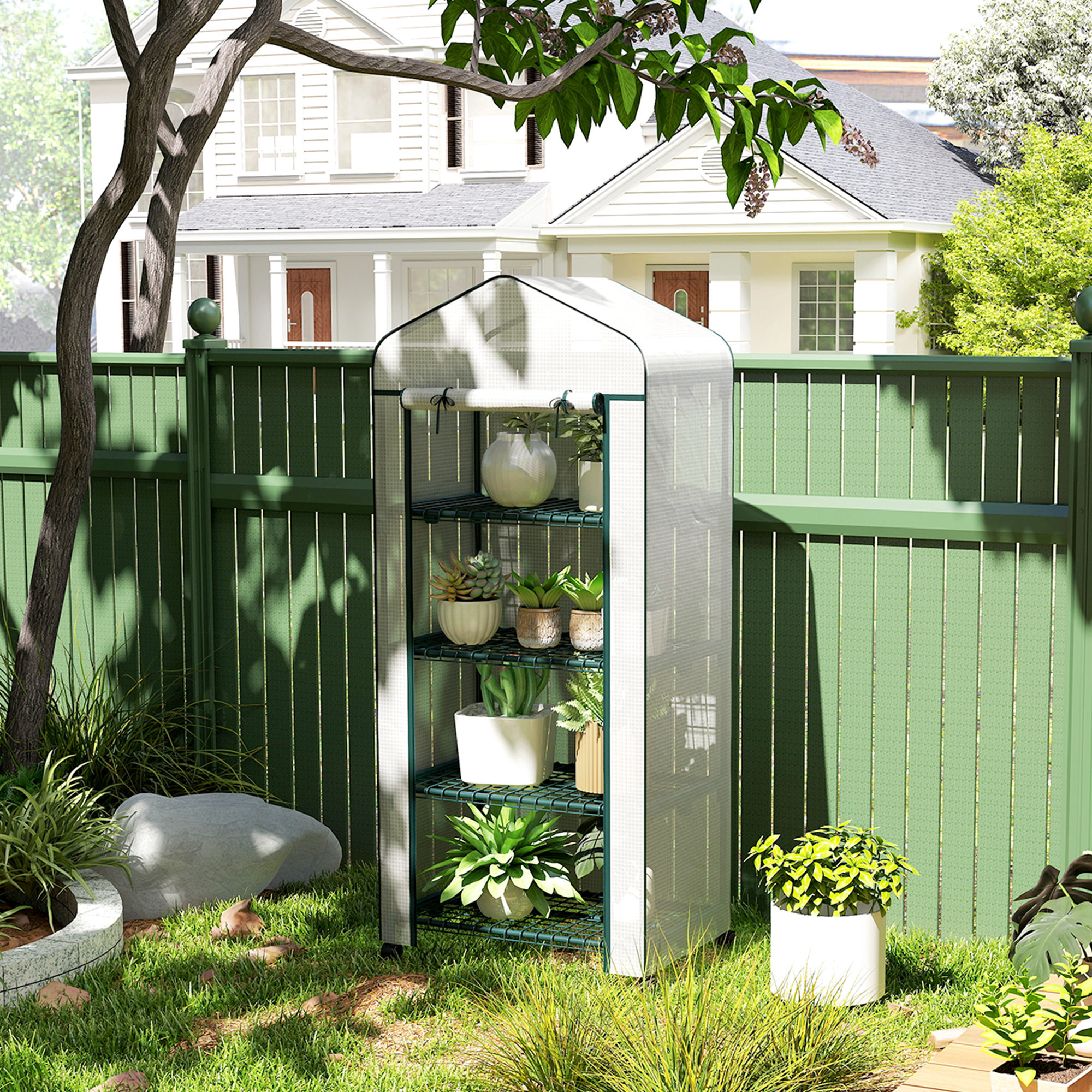 Folien-Gewächshaus, Treibhaus, Mini-Gewächshaus, Pflanzenhaus, Frühbeet, 4 Regalfächer, 69 x 50 x 165 cm, Weiß