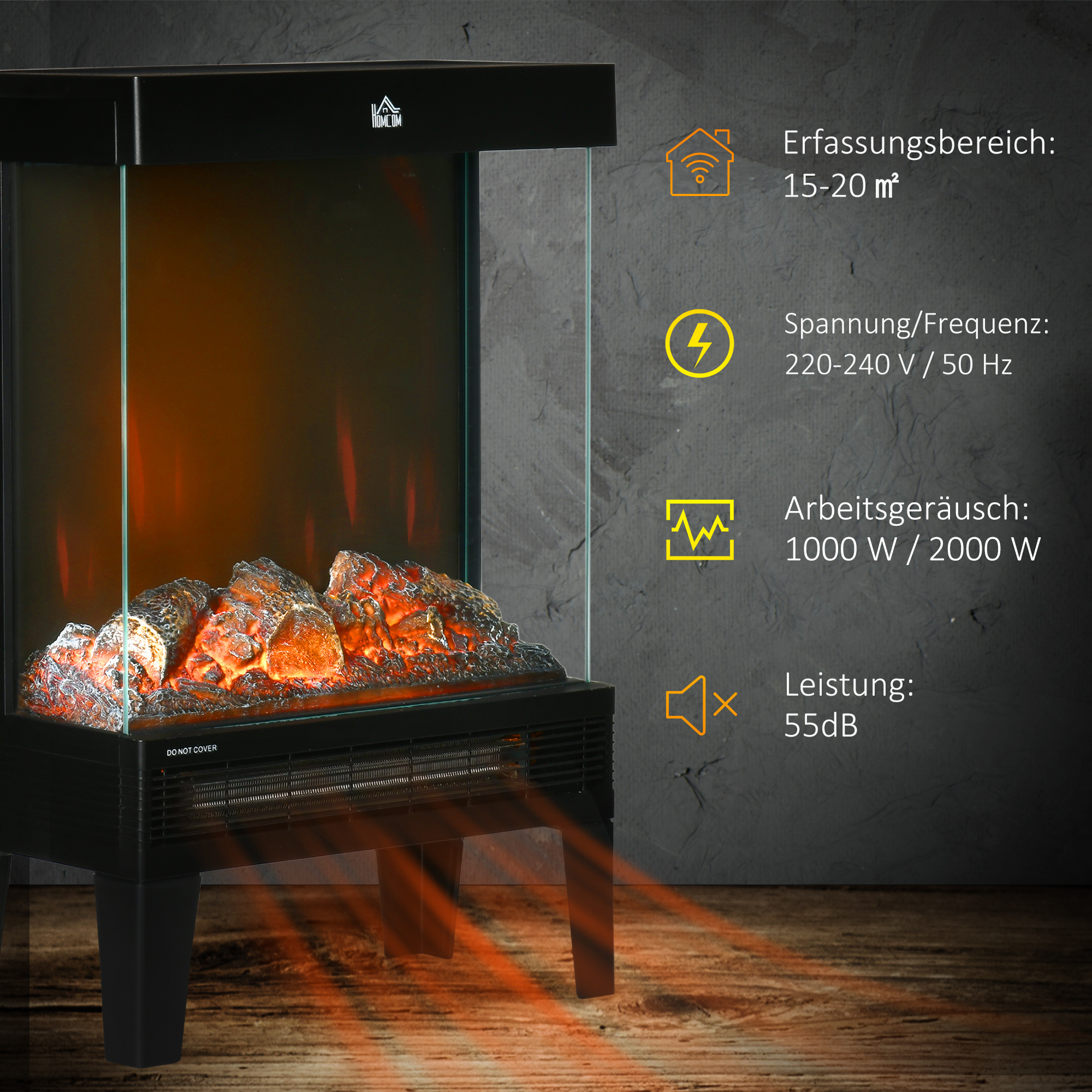 Elektrokamin, 2000 W, Standkamin mit HeizungLED 3D-Flammeneffekt, 4 Helligkeitsstufen, Elektrischer Kamin mit Thermostat, Überhitzungsschutz, Schwarz