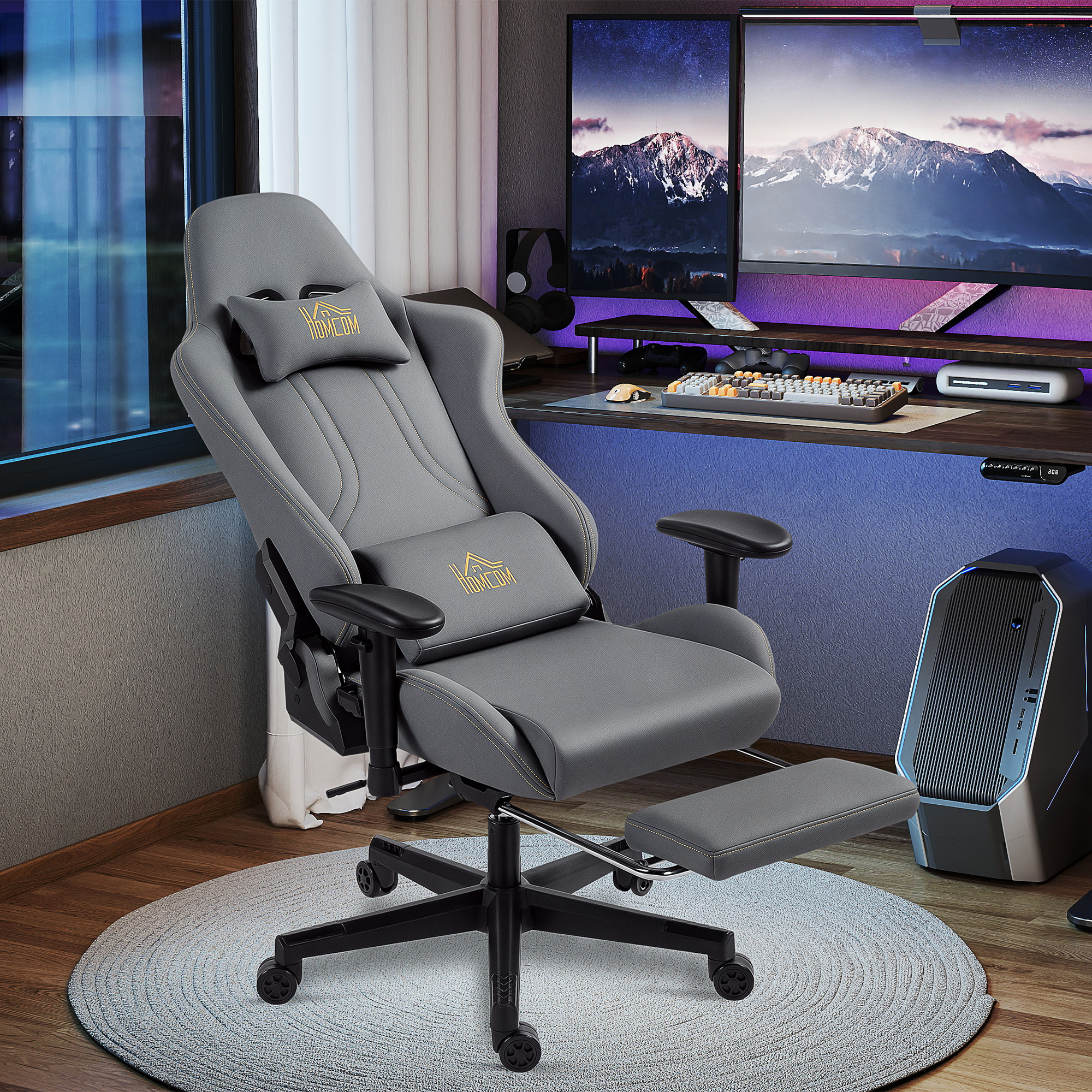 Ergonomischer Gaming-Stuhl mit 3D-Armlehnen, verstellbar, rollbarer Schreibtischstuhl mit Lendenstütze, Grau