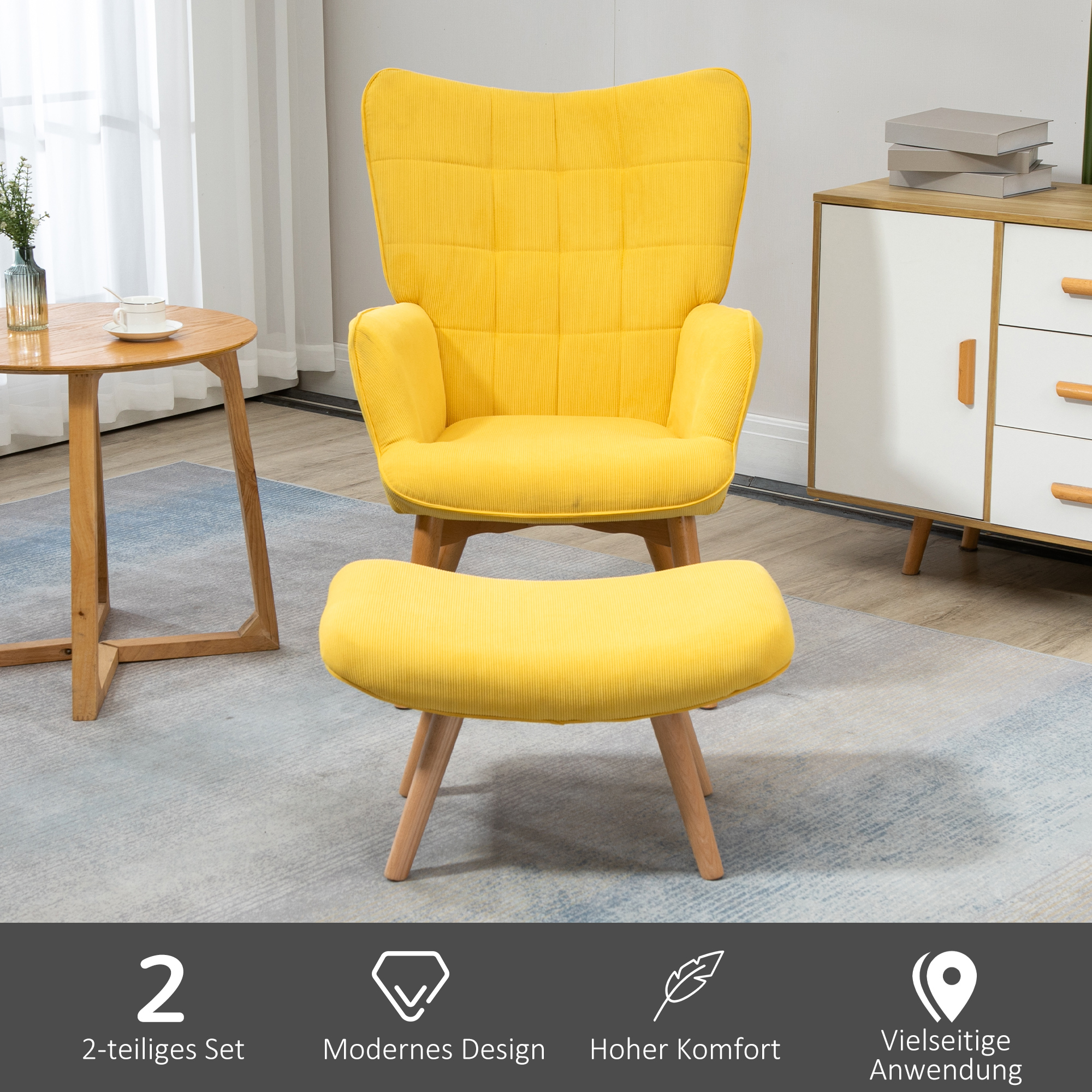 Akzentsessel mit Hocker, Relaxsessel in Cord-Optik, Armlehnstuhl mit Holzbeinen, für Wohnzimmer, Gelb