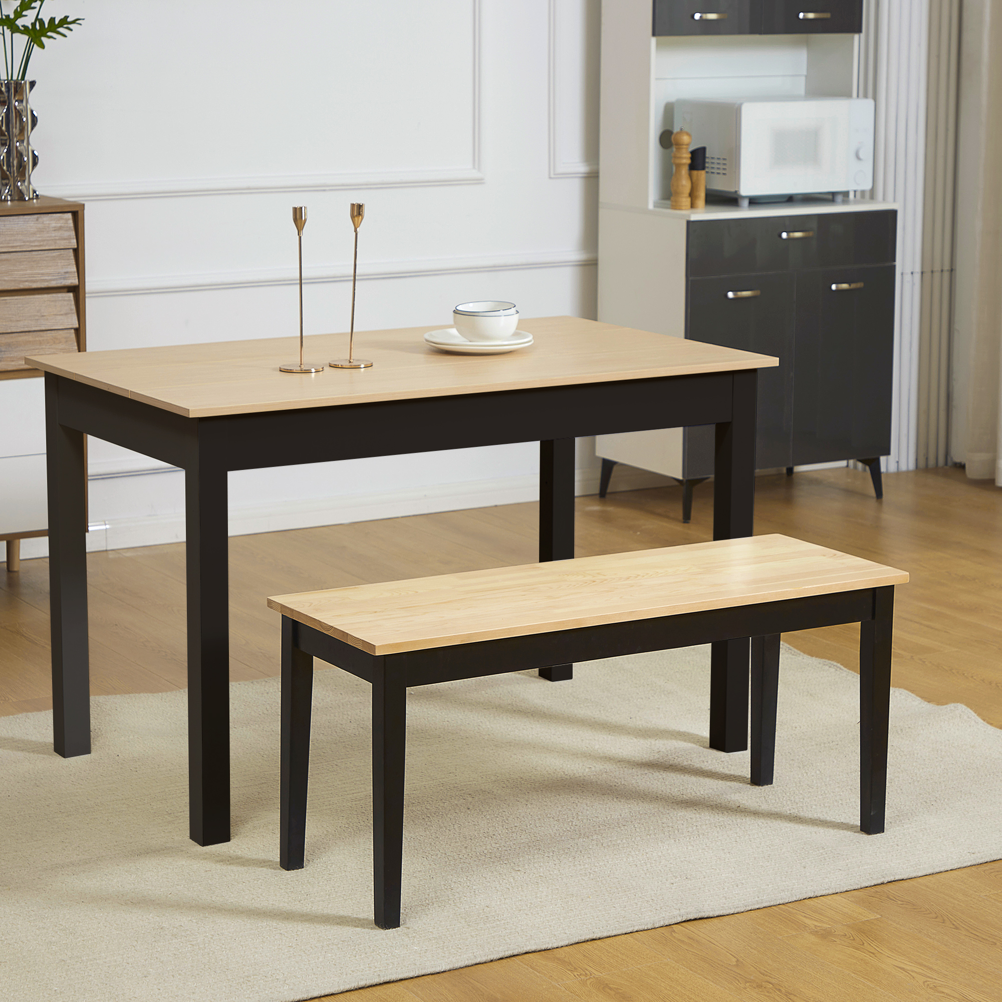 Moderne Sitzbank für 2 Personen, Holzbank, Massivholz, lackiert, Natur+ Schwarz