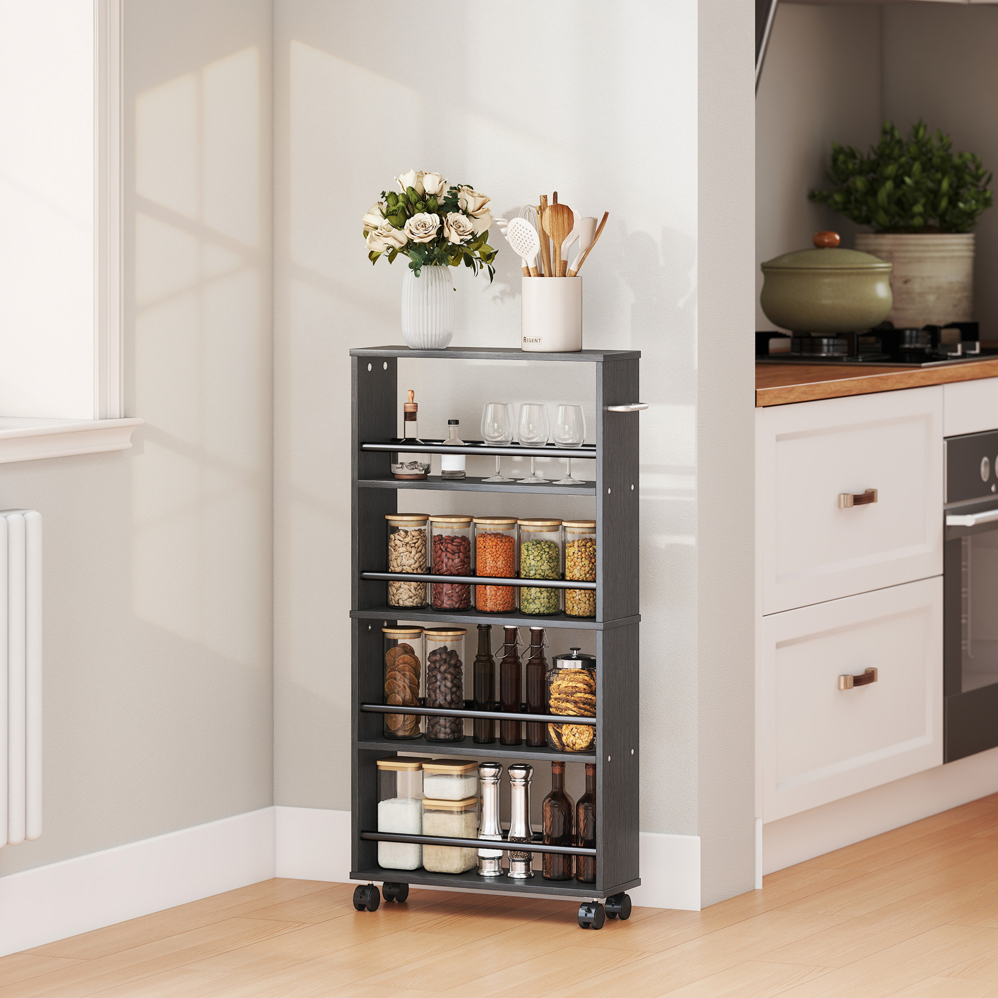 Multifunktionsregal mit Rollen, schmale Bauweise, 4 Fächer, 45x15x91 cm, Schwarz