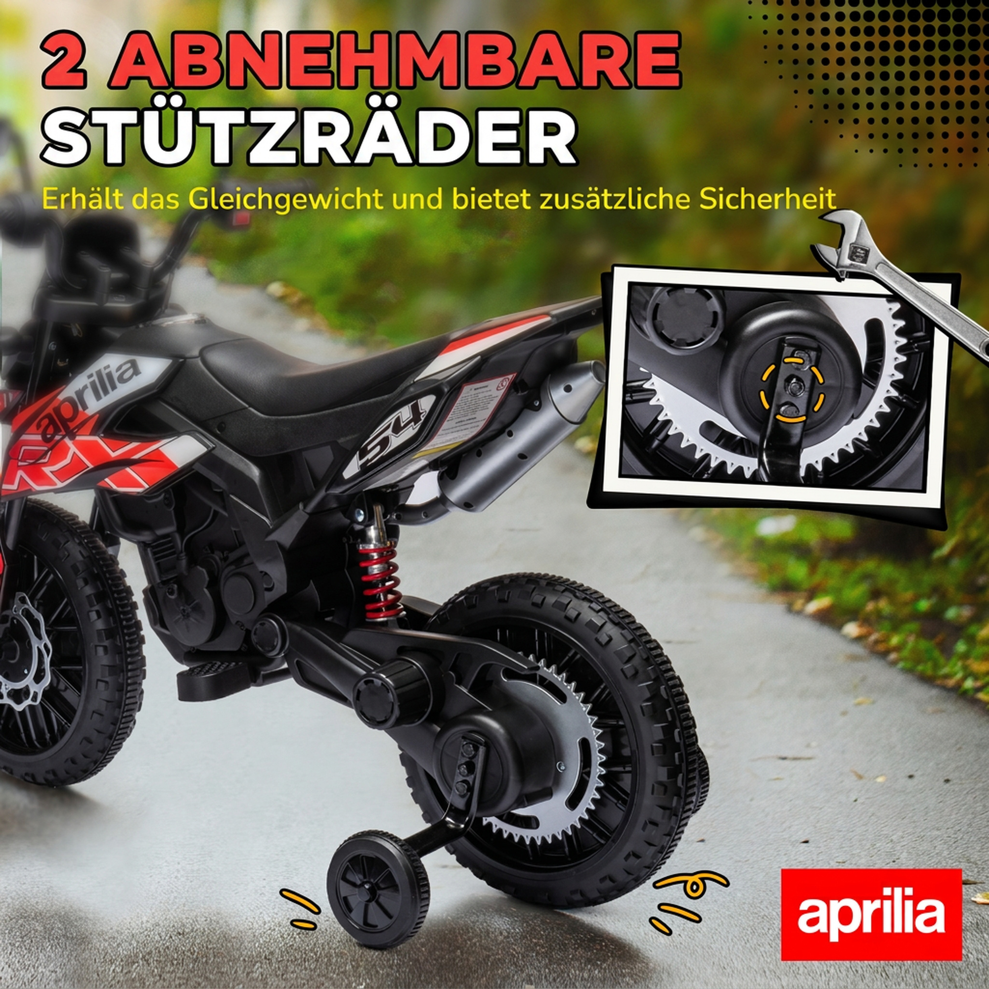 Elektro Motorrad Kinder 12 V Elektromotorrad mit 2 Motoren Stützrädern, Stoßdämpfer 13 Zoll Räder Musik, USB
