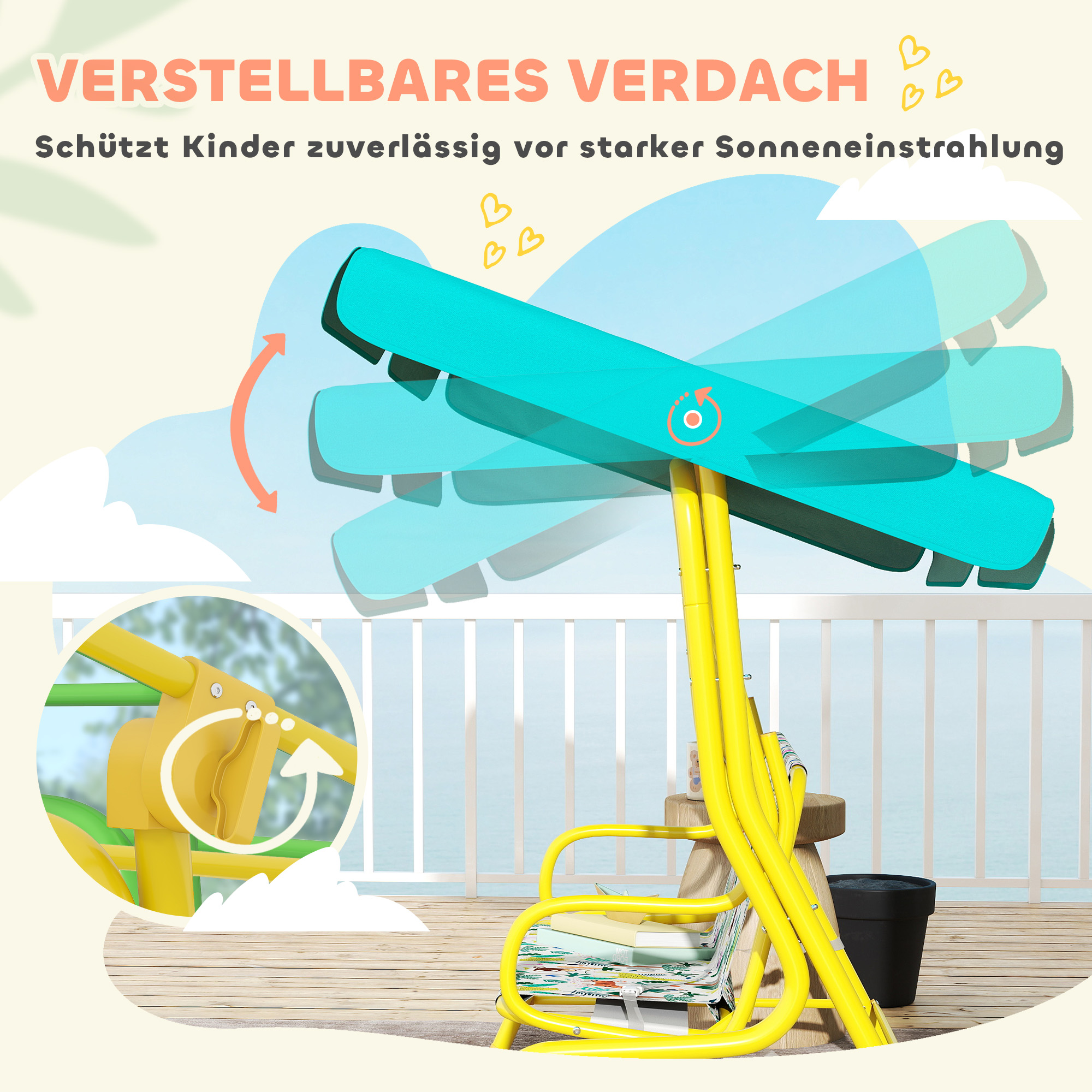 2-Sitzer Kinder Hollywoodschaukel mit verstellbar Sonnendach Sicherheitsgurt für 3-6 Jahre bis 60 kg 112x75x120cm Grün