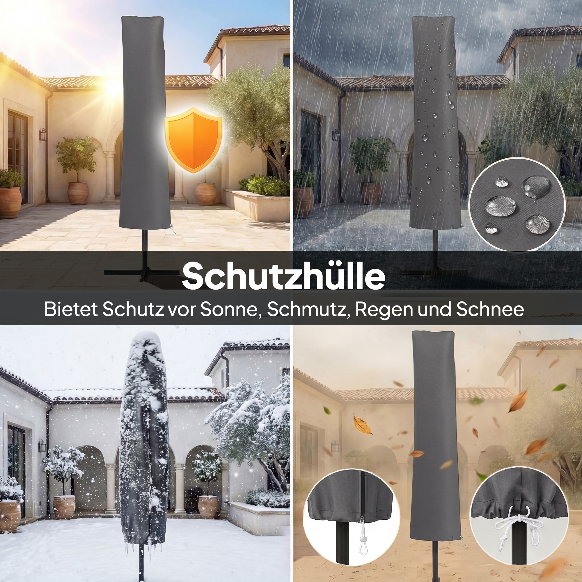 Ampelschirm ca. Ø300 cm Neigbar Sonnenschirm mit Kurbel Kreuzfuß Windseilen Schutzhülle Cremeweiß