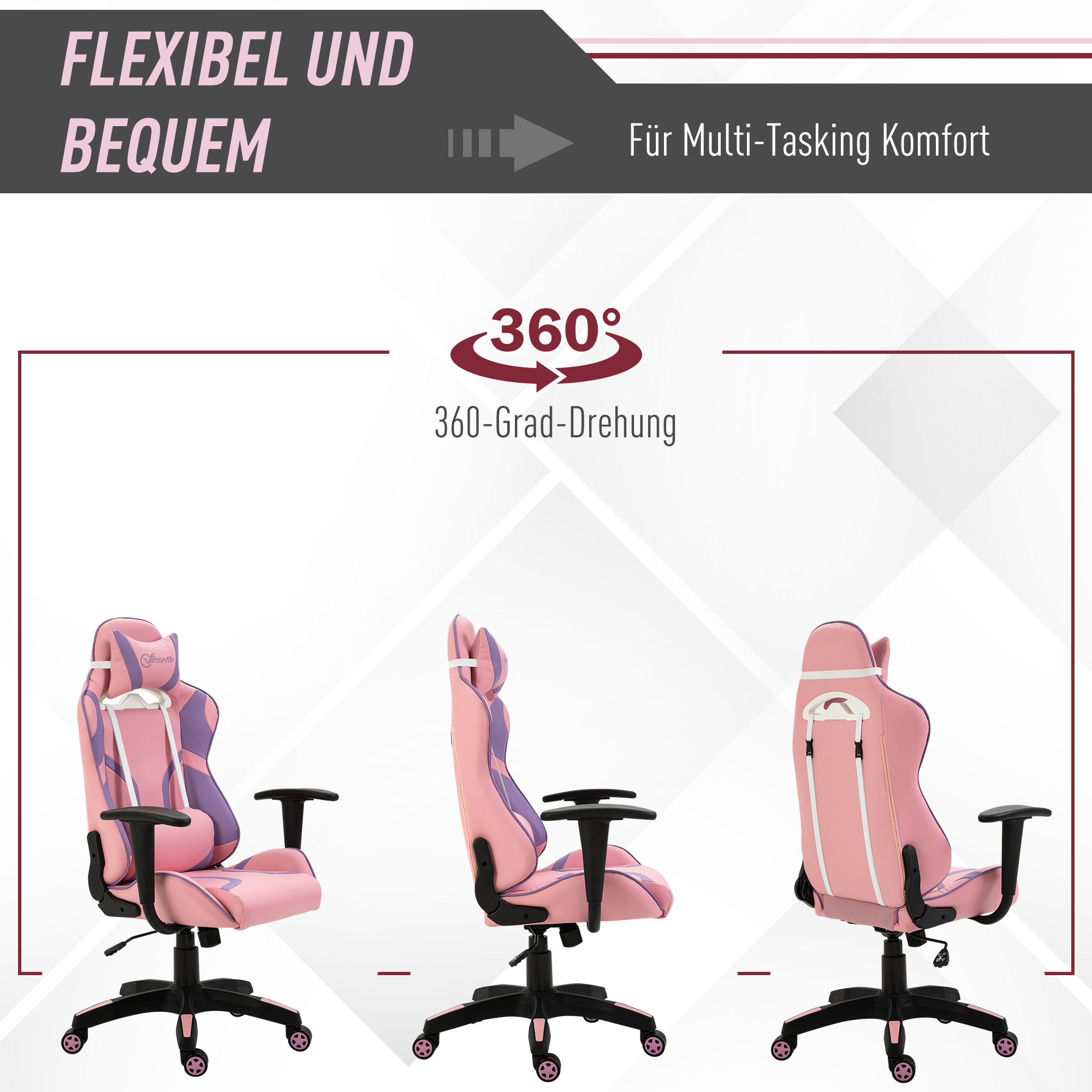 Ergonomischer Gaming Stuhl Bürostuhl Drehstuhl Verstellbares Massage Lendenkissen Höhenverstellbar Rosa&Violett 69x56x125,5 cm