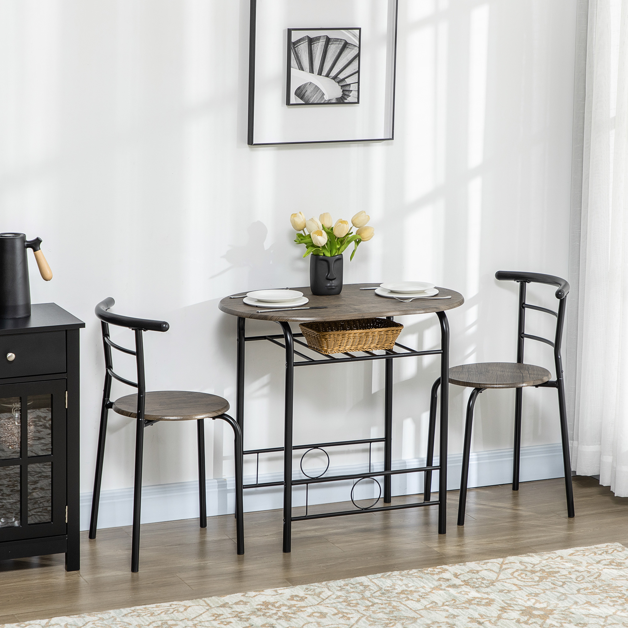 Bistro-Set Esstisch Küchentisch mit Stühlen Set, 1 Tisch, 2 Stühle, 80 cm x 53 cm x 74,5 cm, Schwarz